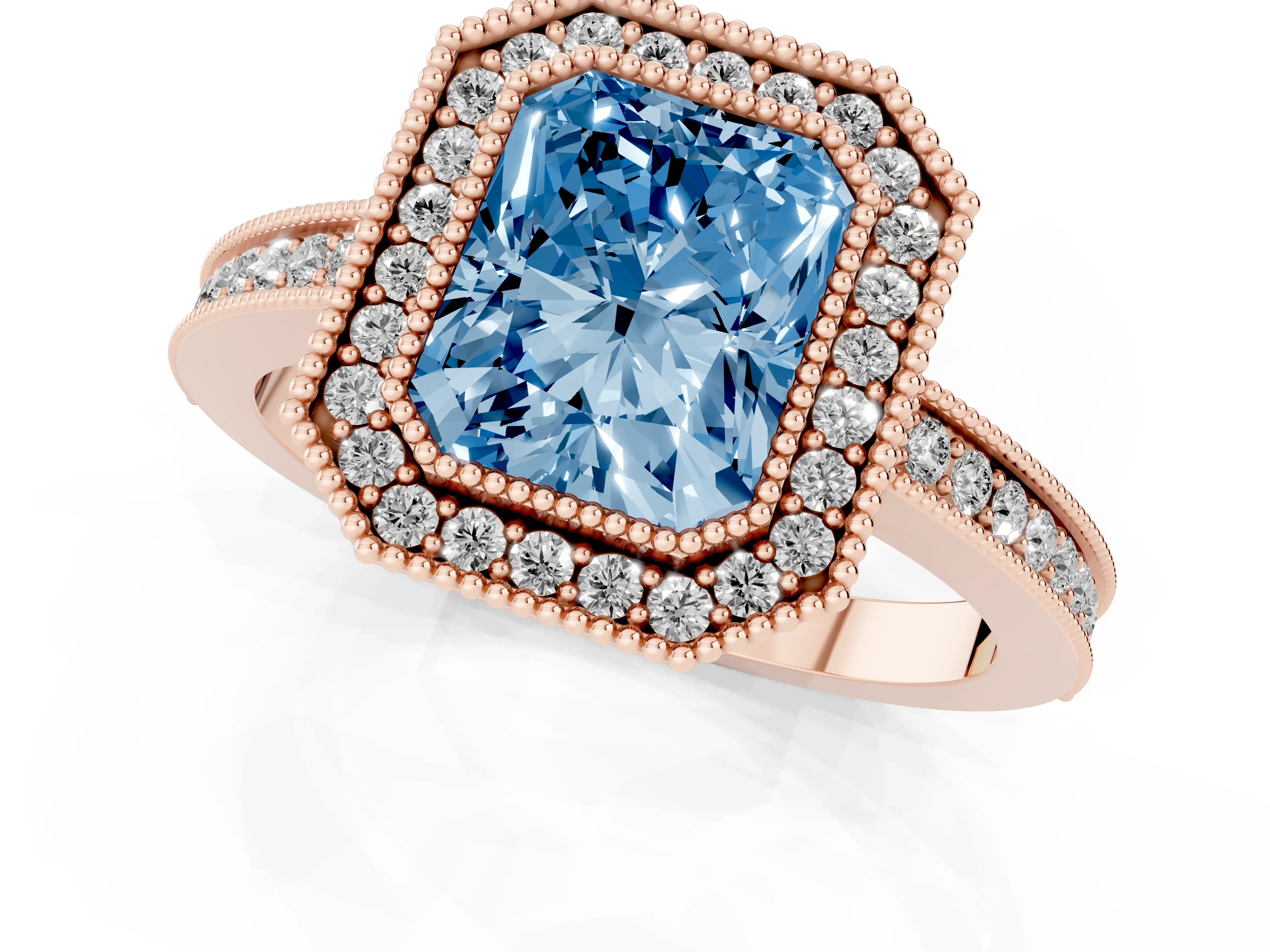 Fancy Blue Radiant Cut Diamond Halo Ring Set in Rose gold with Pavé Band and Milgrain-Edged Prongs