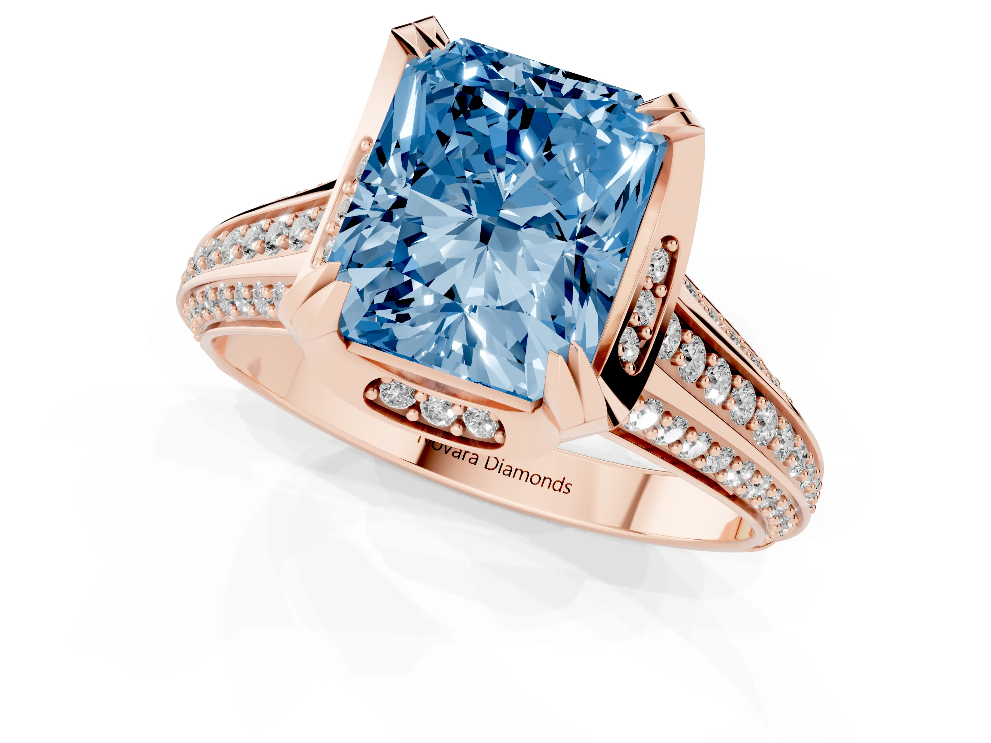 Fancy Blue Radiant Cut Diamond Pavé Split Shank Solitaire Ring Set in Rose gold with Prong Setting