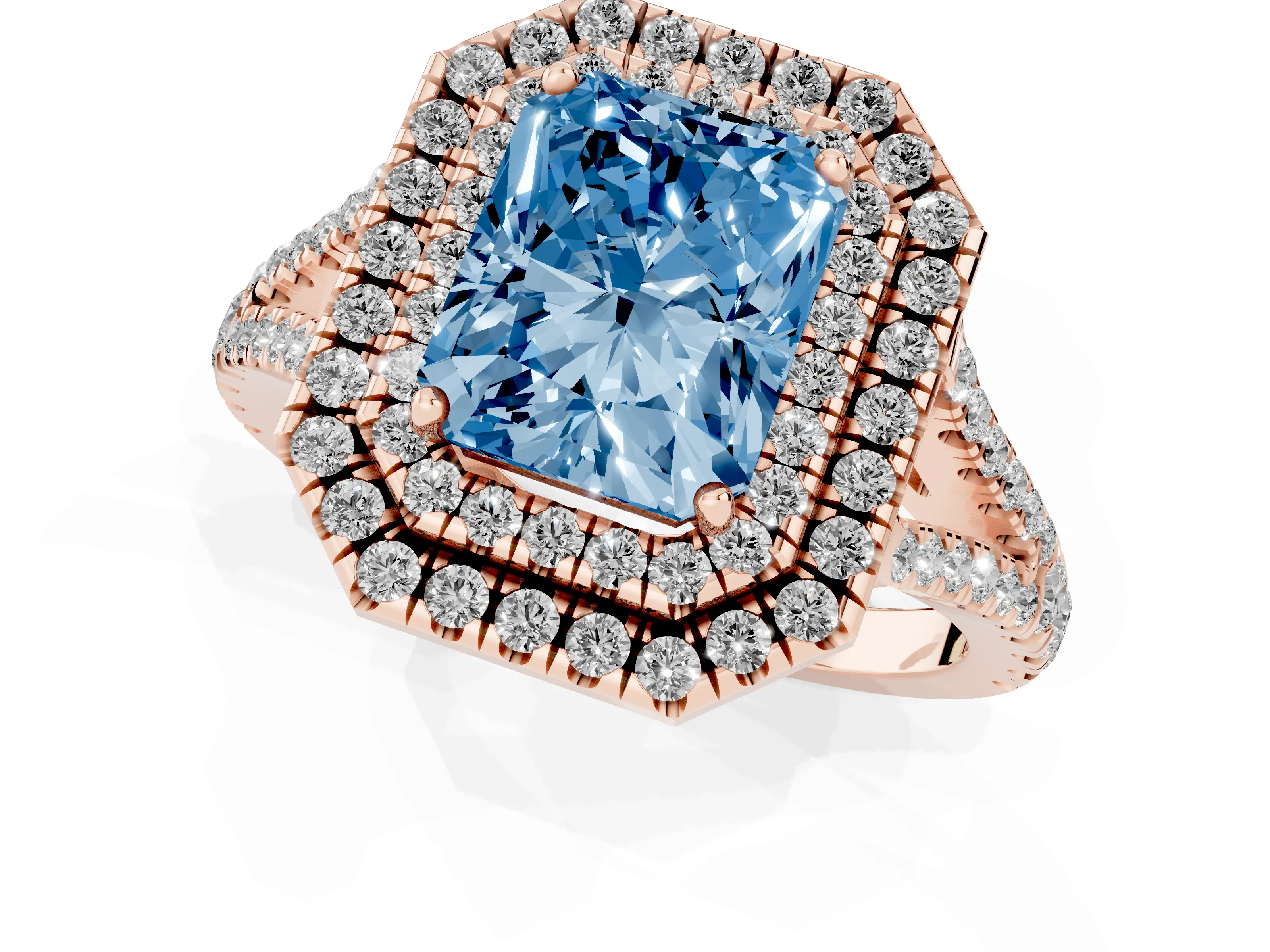Fancy Blue Radiant Cut Diamond Double Halo Ring Set in Rose gold with Pavé Band