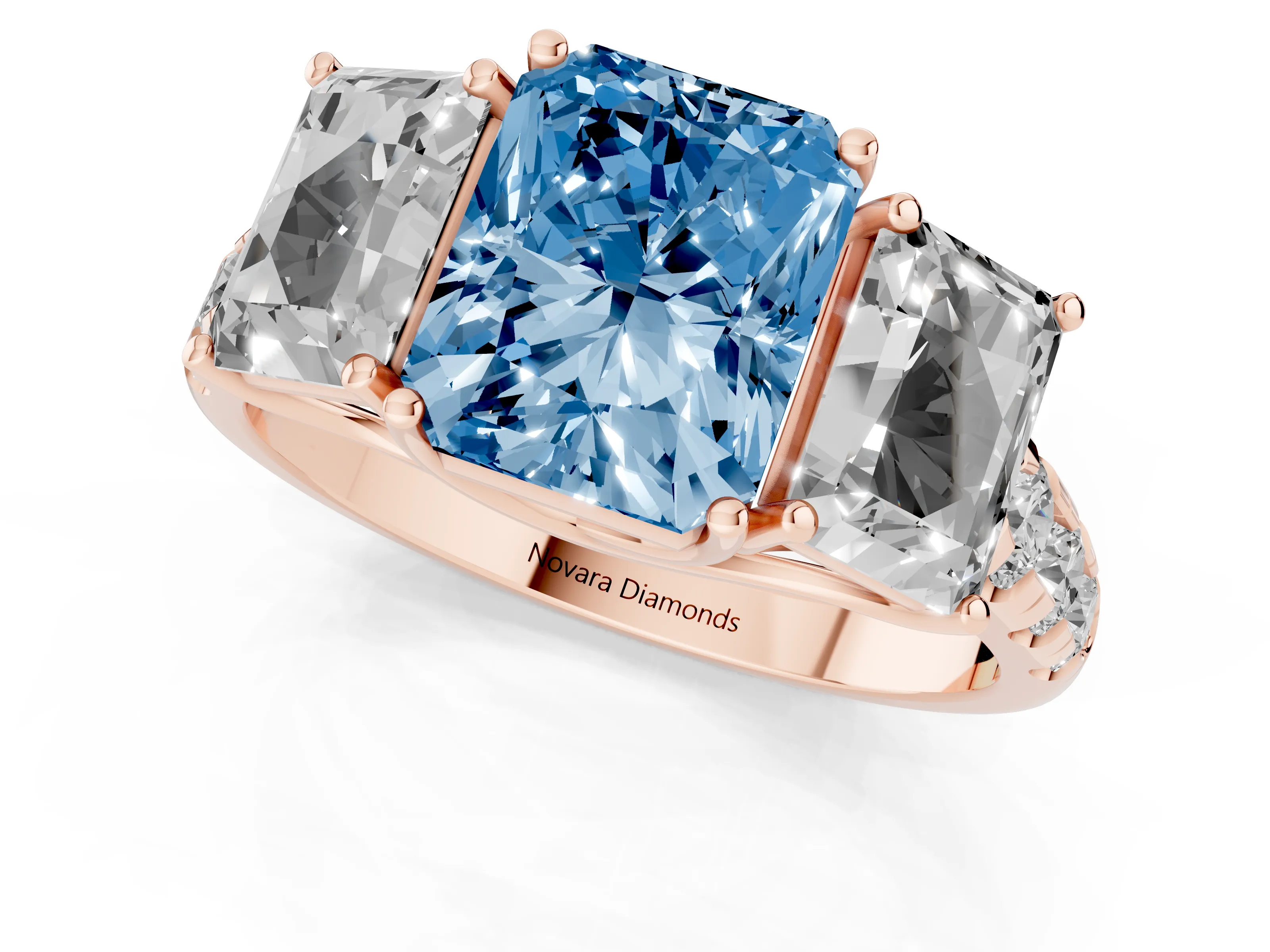 Fancy Blue Radiant Cut Diamond Three-Stone Ring Set in Rose gold with Pavé Band