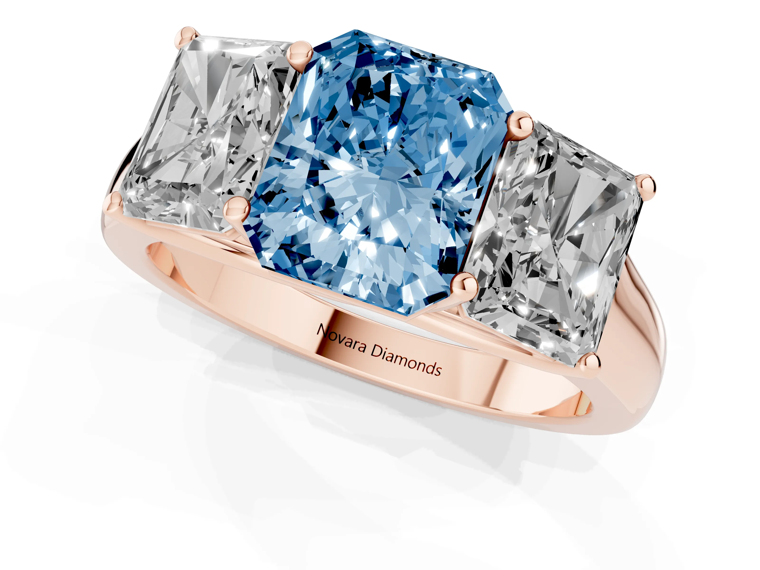 Fancy Blue Radiant Cut Diamond Three-Stone Ring Set in Rose gold with Plain Polished Band
