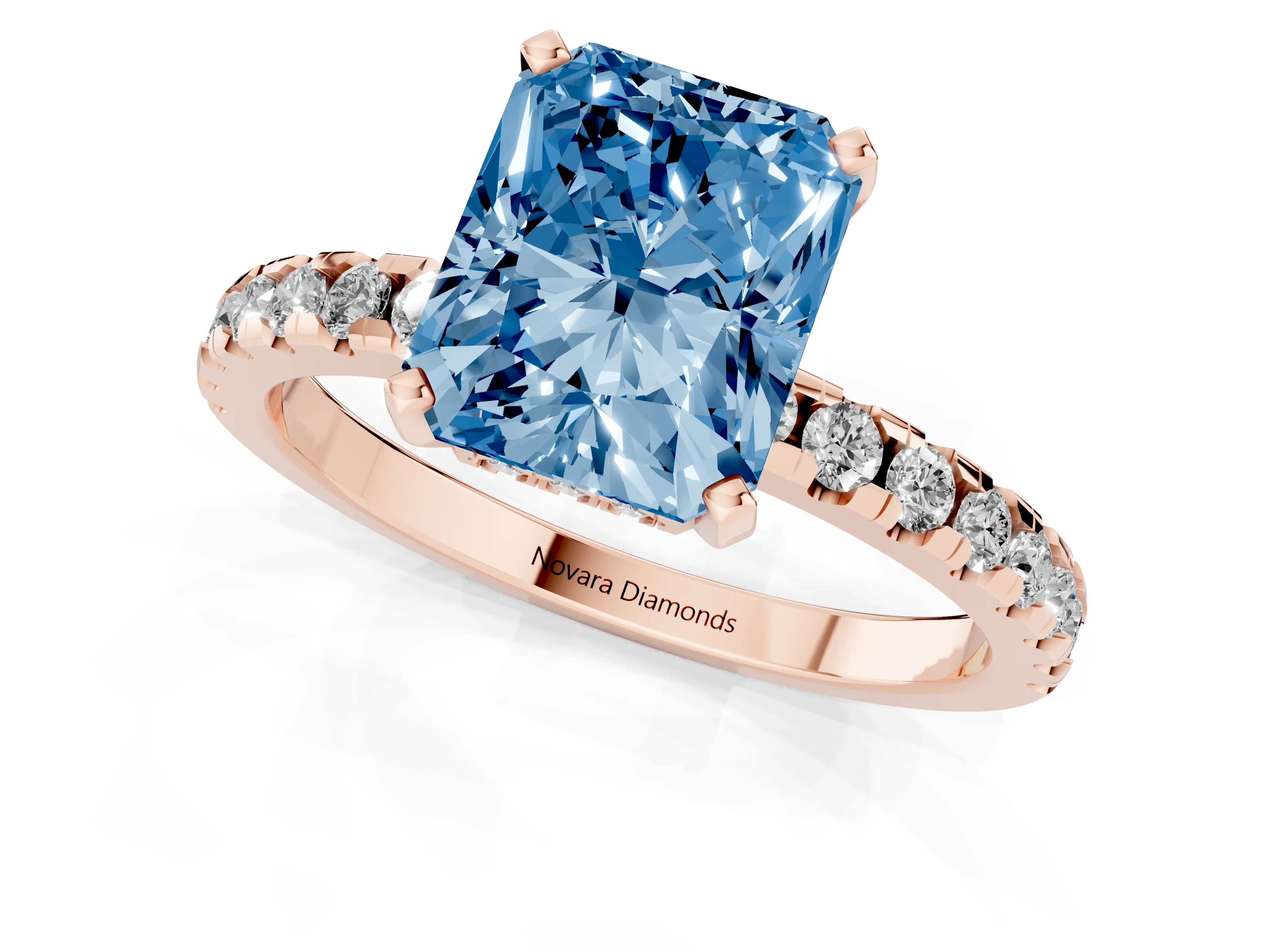 Fancy Blue Radiant Cut Diamond Pavé Solitaire Ring Set in Rose gold with Round Band Accents and Prong Setting