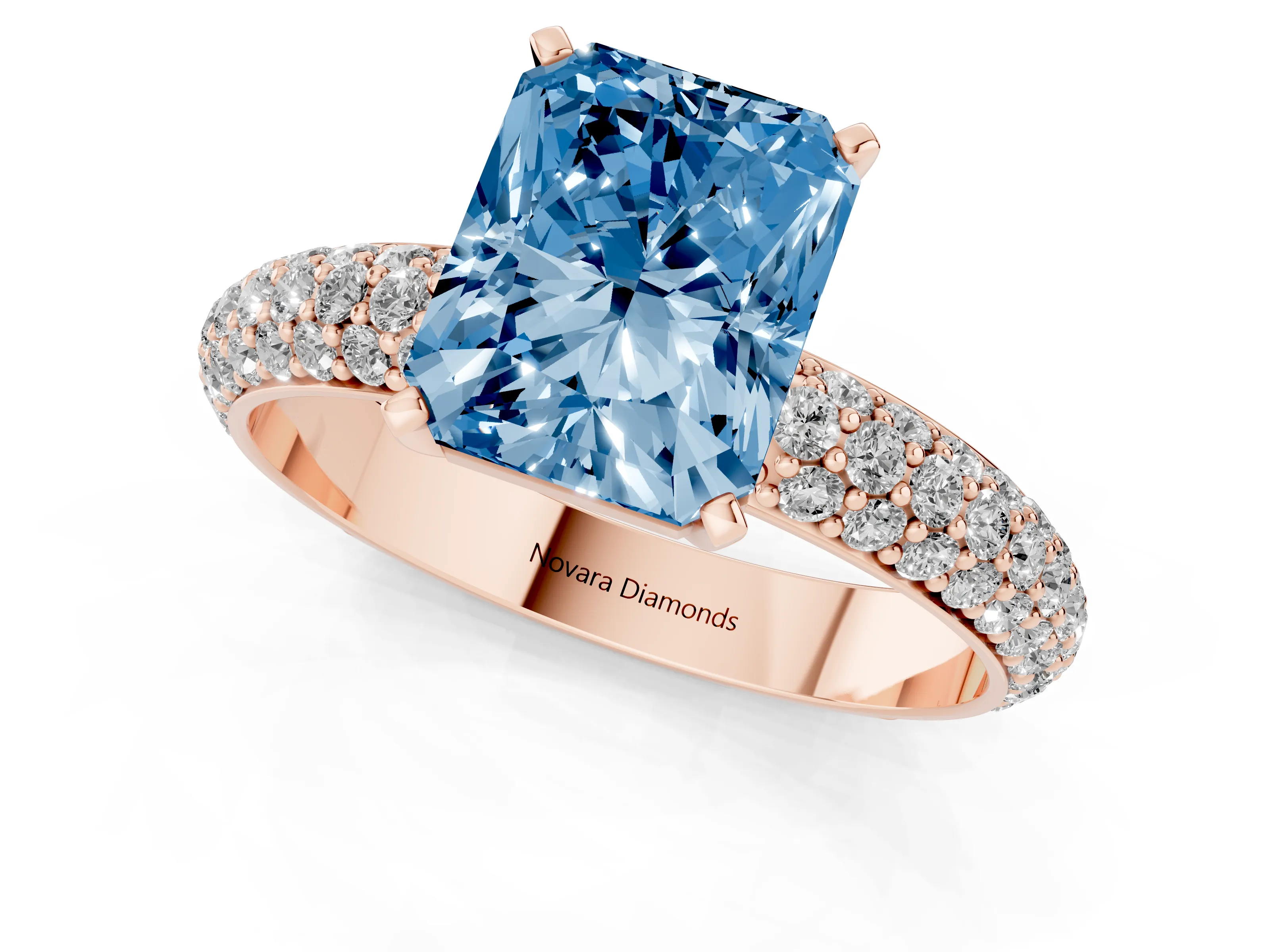 Fancy Blue Radiant Cut Diamond Solitaire Ring Set in Rose gold with Prong Setting and Pavé-Set Band