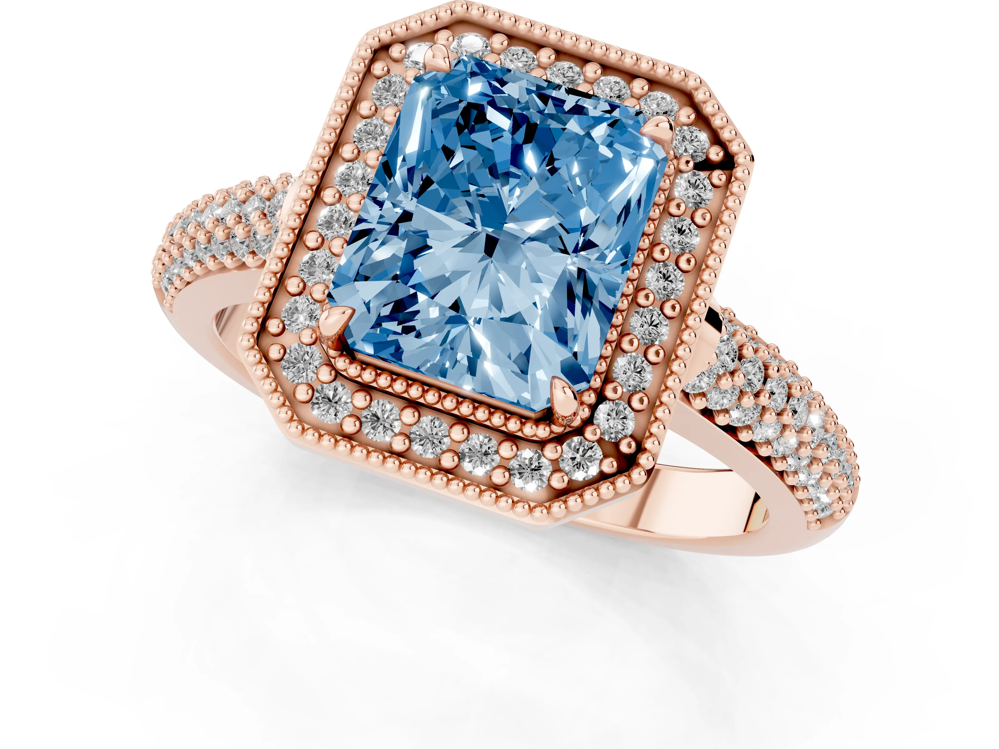 Fancy Blue Radiant Cut Diamond Halo Pavé Band Set in Rose gold with Prong Setting