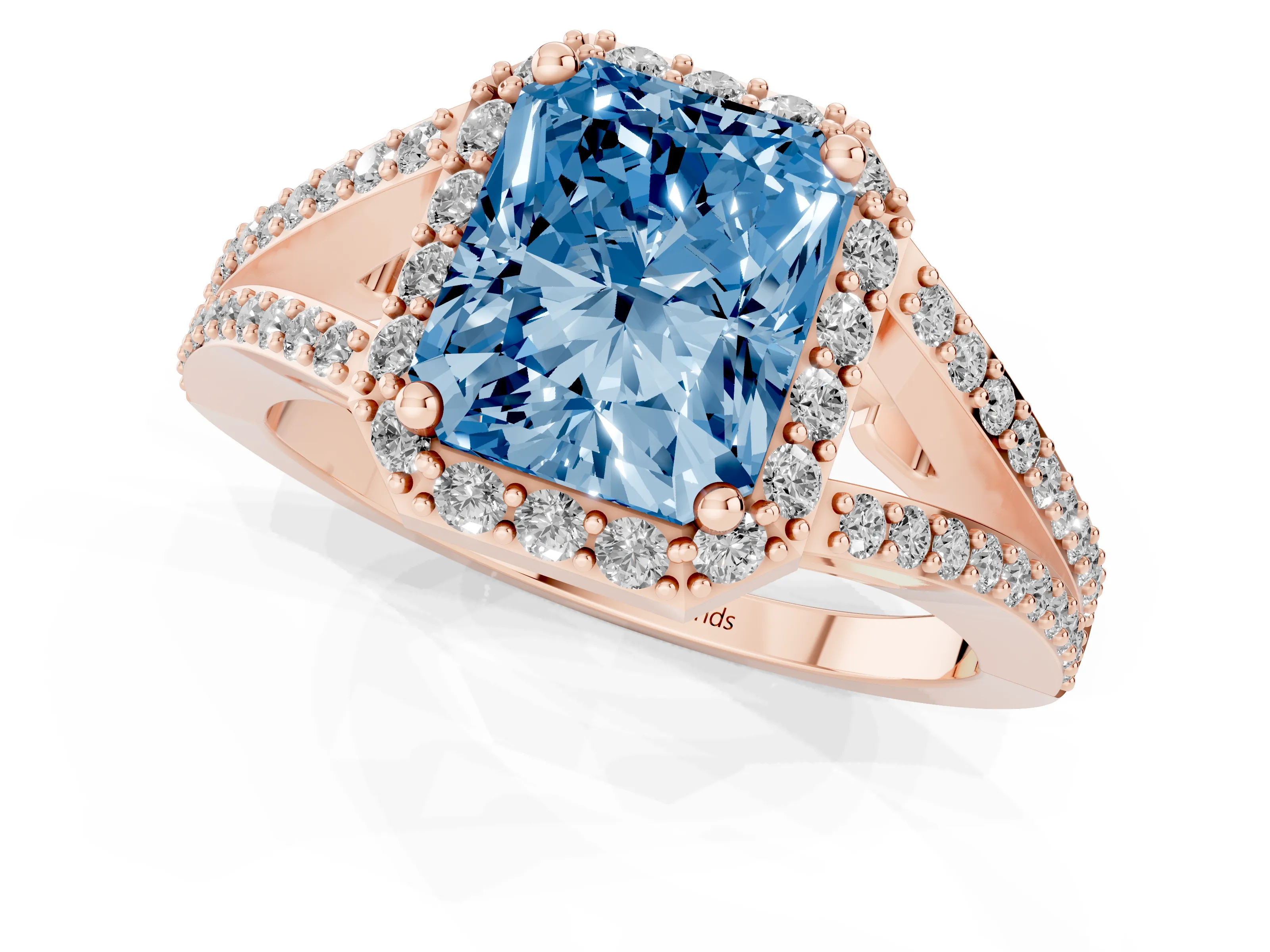 Fancy Blue Radiant Cut Diamond Halo Split Shank Pavé Ring Set in Rose gold with Prong Setting