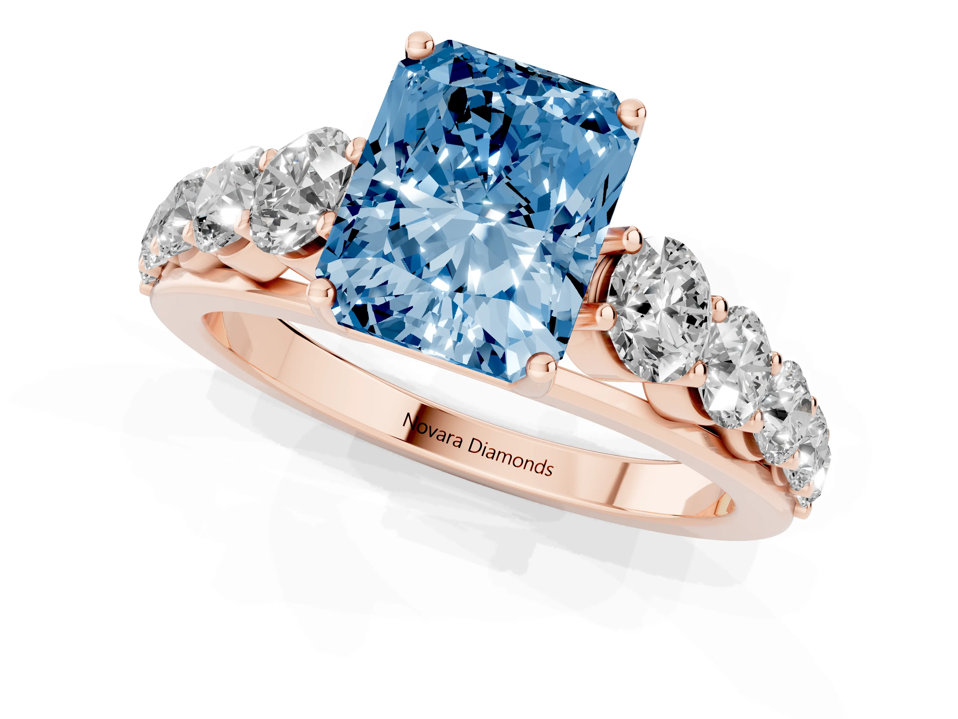 Fancy Blue Radiant Cut Diamond Solitaire Ring Set in Rose gold with Pavé-Set Band and Prong Setting