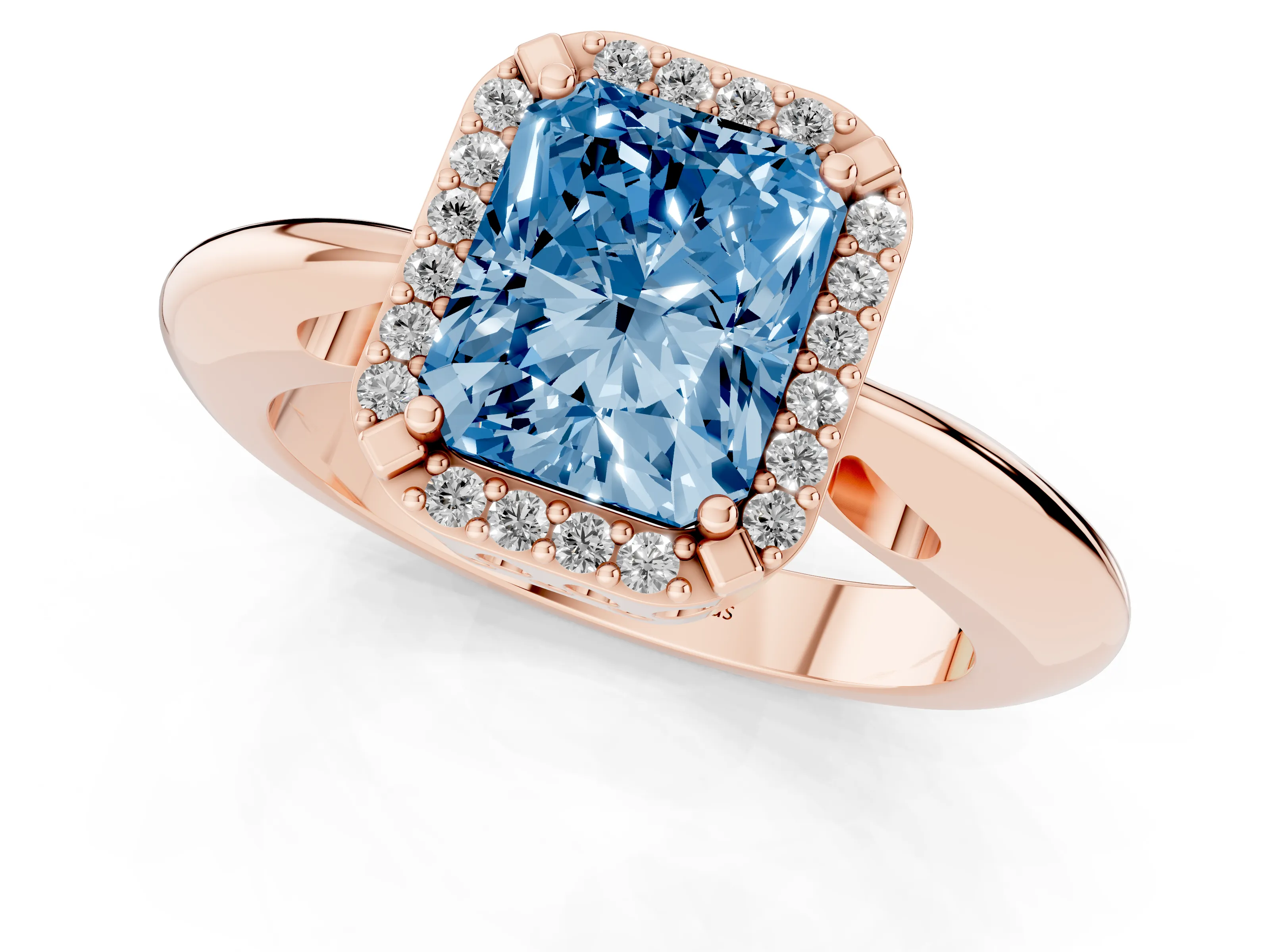 Fancy Blue Radiant Cut Diamond Halo Engagement Ring Set in Rose gold with Plain Split Shank and Prong Setting
