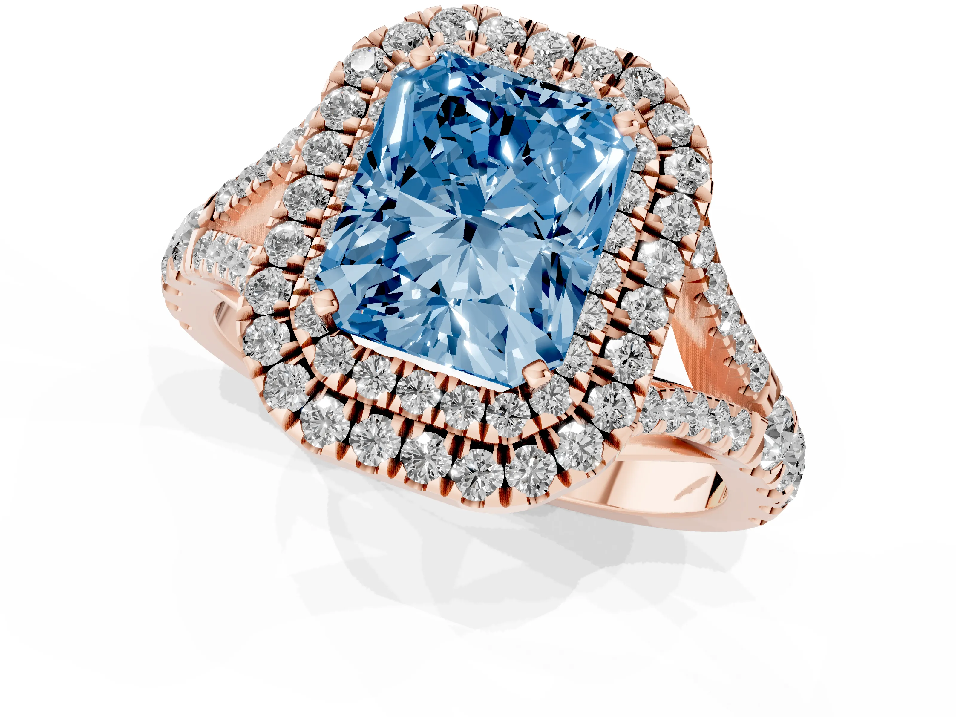 Fancy Blue Radiant Cut Diamond Pavé Split Shank Double Halo Engagement Ring Set in Rose gold