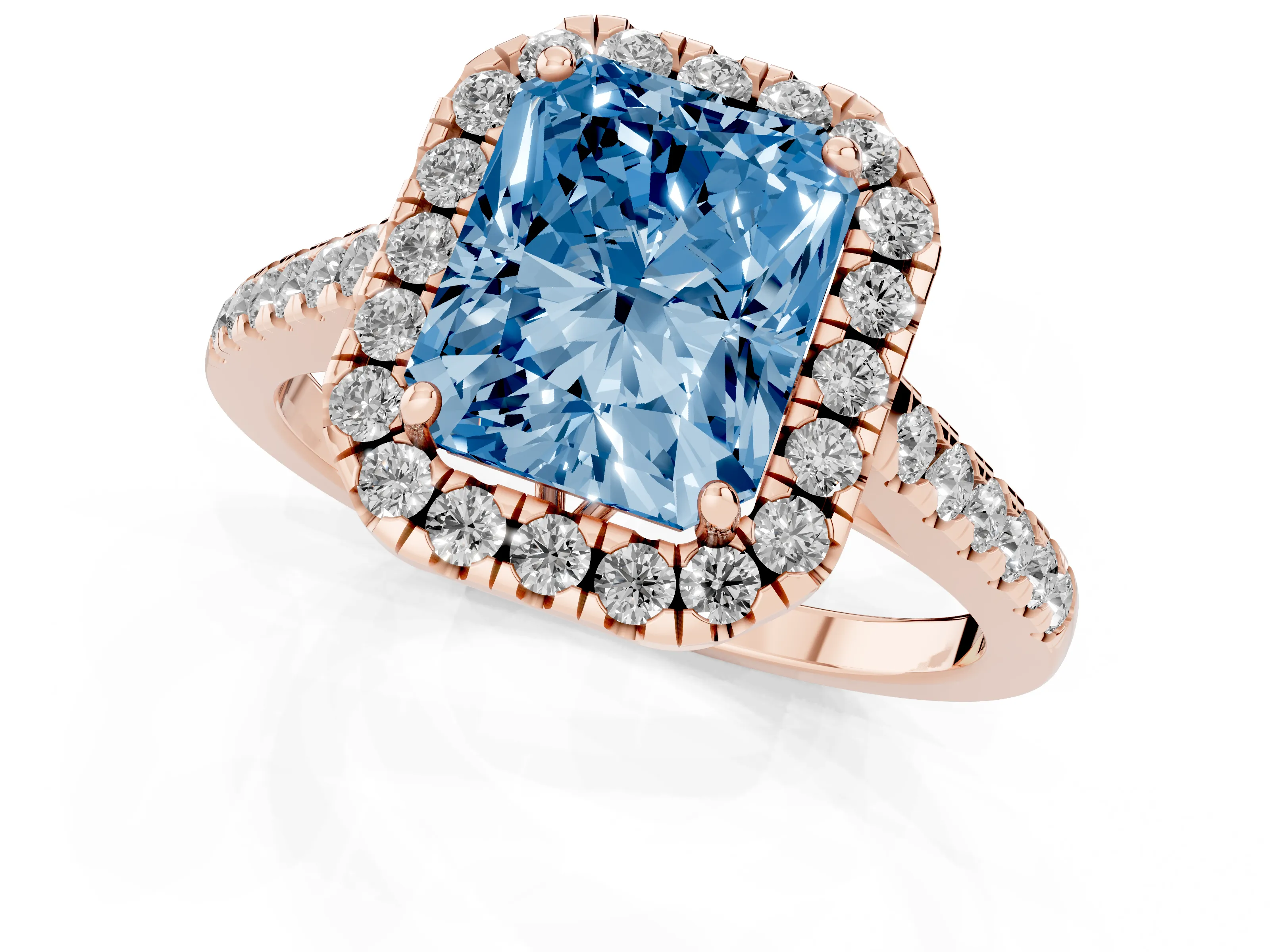 Fancy Blue Radiant Cut Diamond Pavé Halo Engagement Ring Set in Rose gold with Pavé Band and Prong Setting