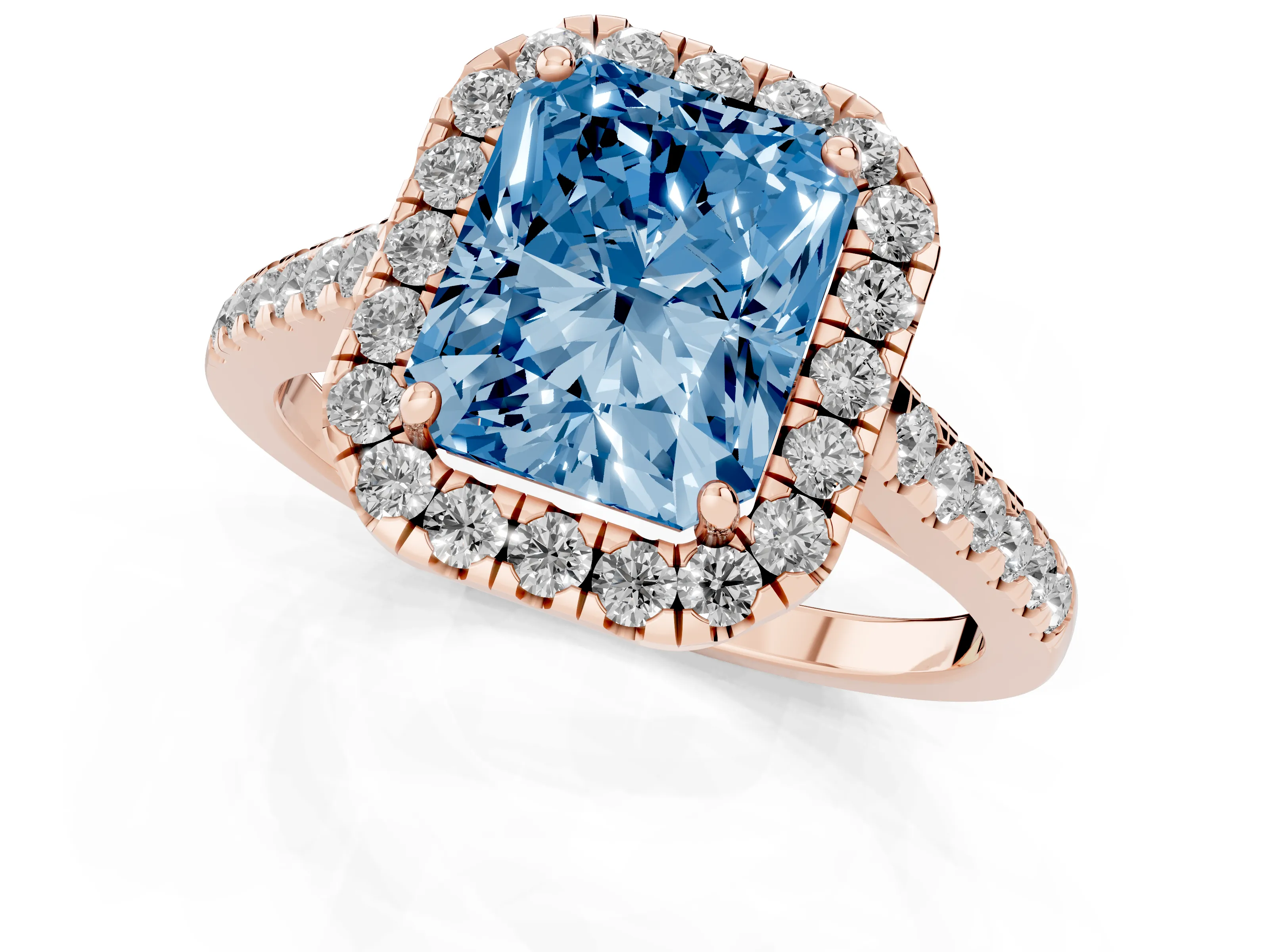 Fancy Blue Radiant Cut Diamond Halo Pavé Engagement Ring Set in Rose gold with Prong Setting