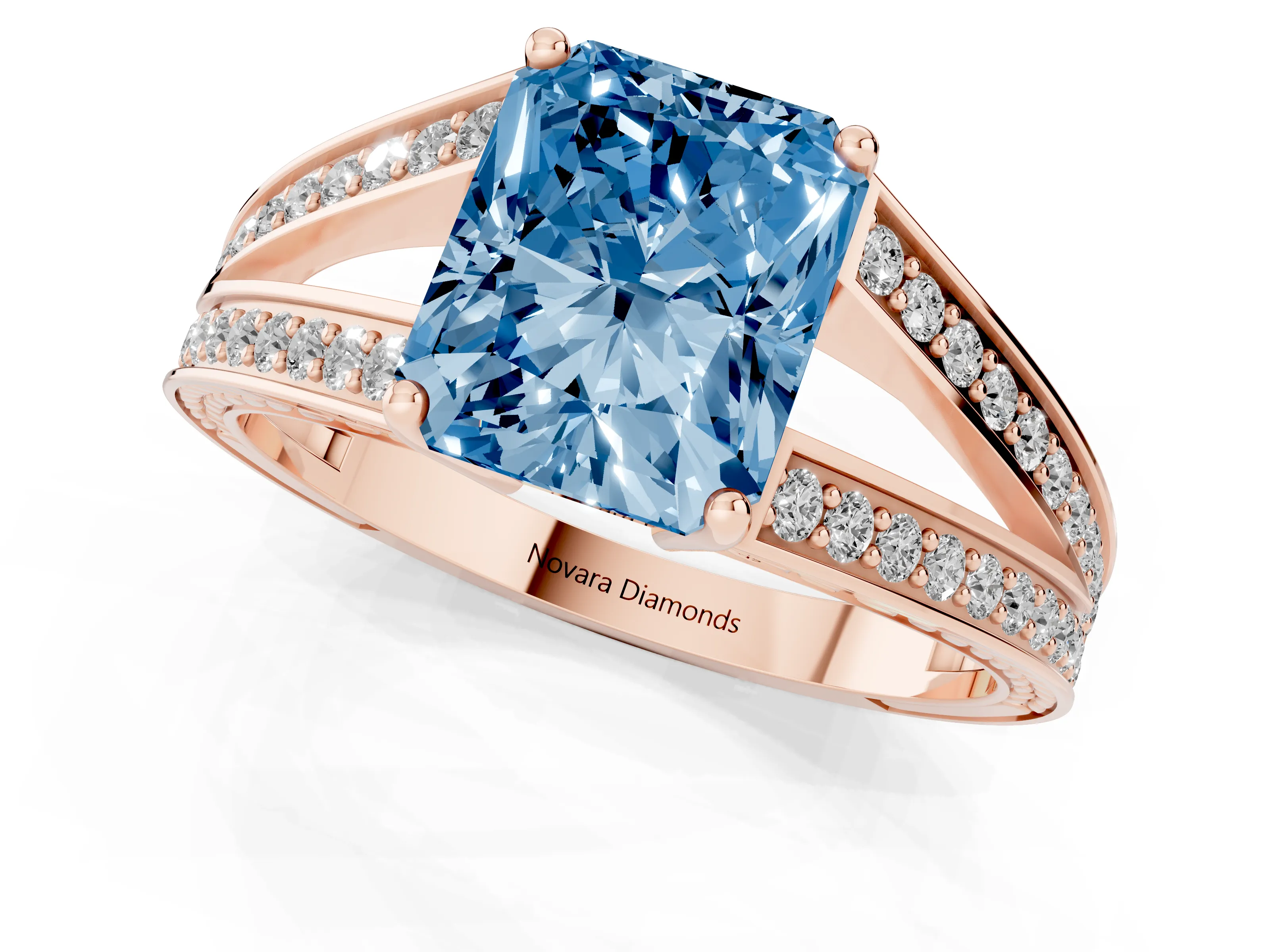 Fancy Blue Radiant Cut Diamond Split Shank Ring Set in Rose gold with Pavé Band and Prong Setting