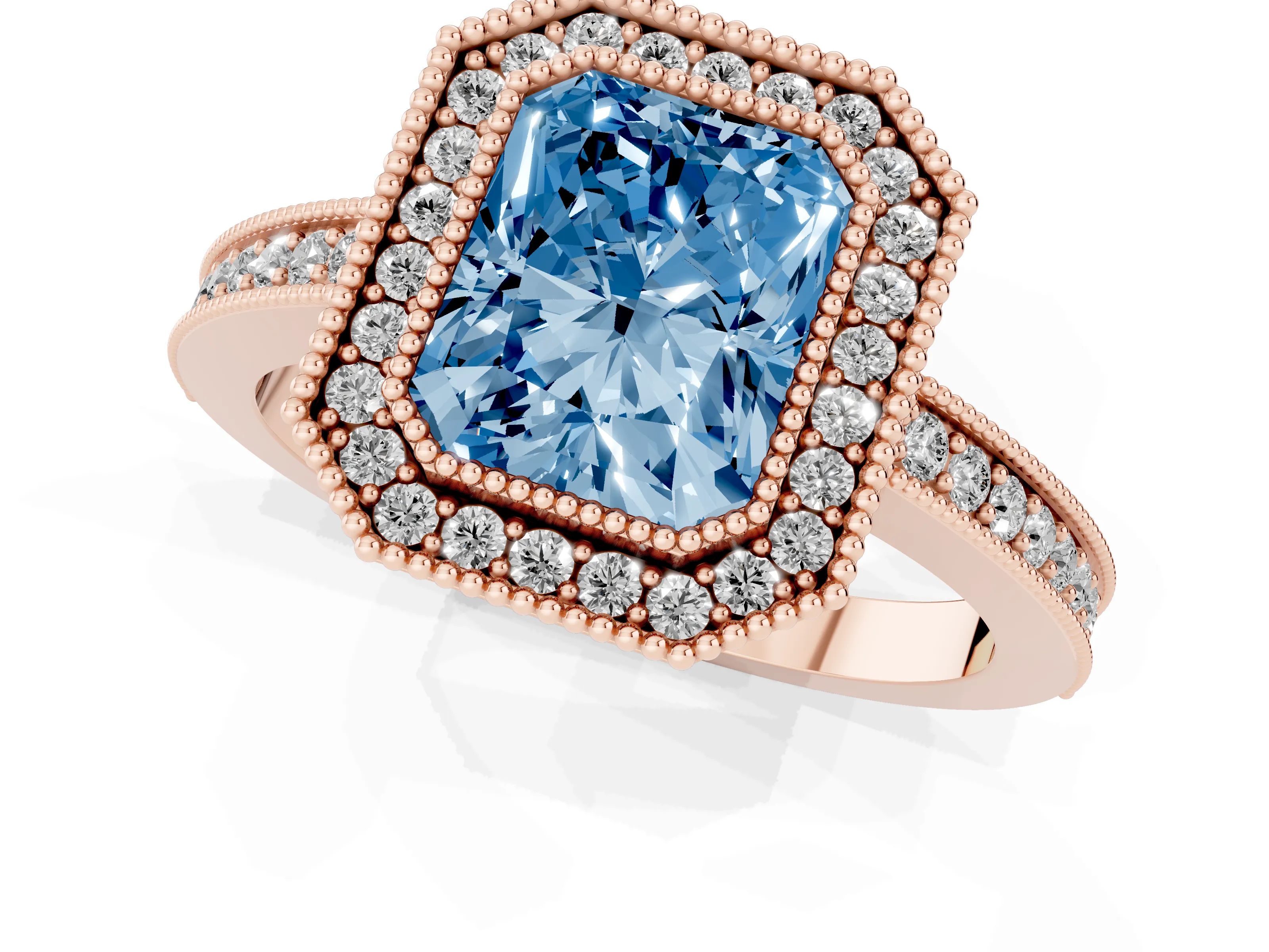 Fancy Blue Radiant Cut Diamond Round Halo Ring Set in Rose gold with Pavé Band