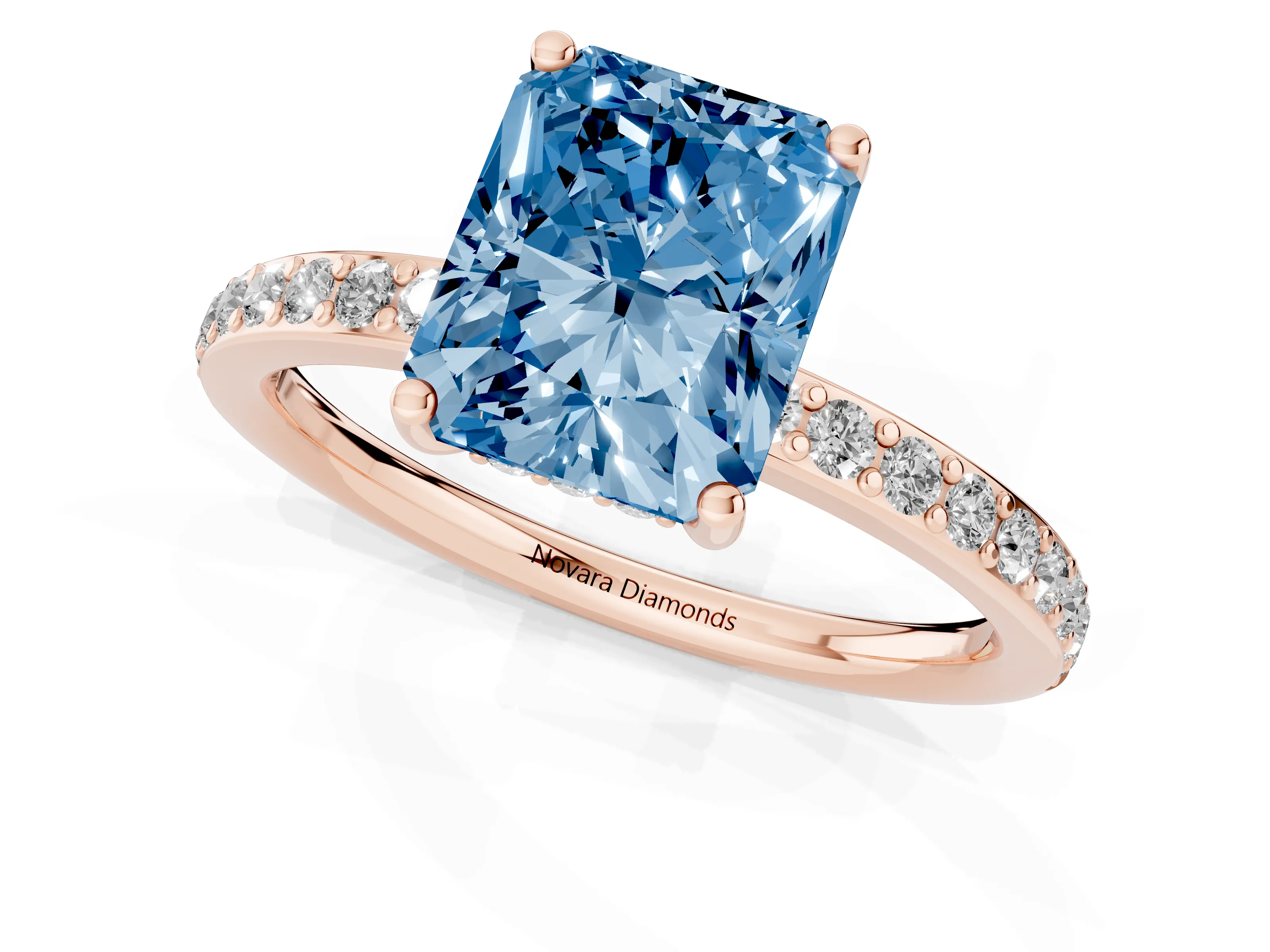 Fancy Blue Radiant Cut Diamond Pavé Band Ring Set in Rose gold with Prong-Set Center Stone