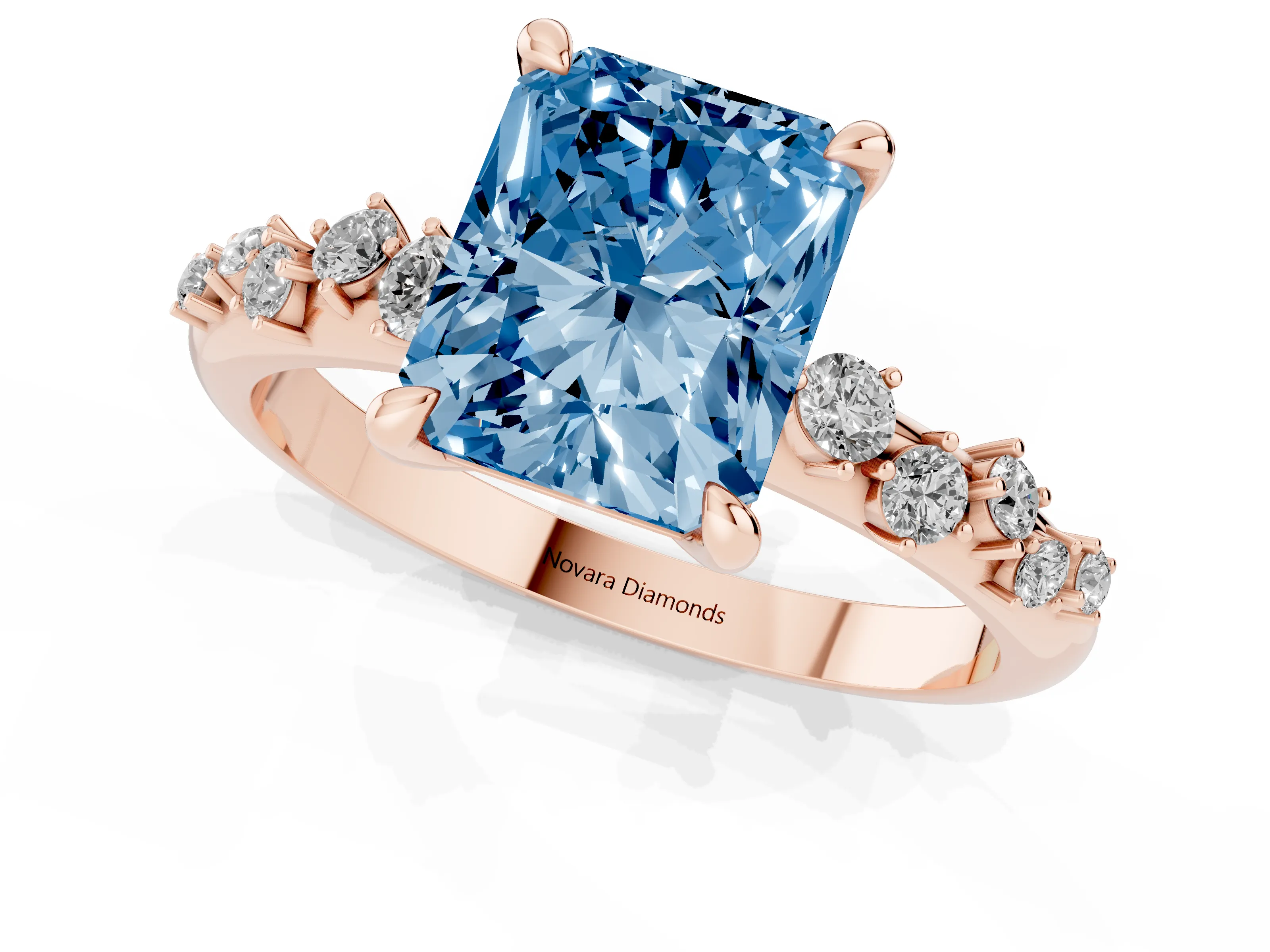 Fancy Blue Radiant Cut Diamond Solitaire Vine Band Ring Set in Rose gold with Round Accents and Prong Setting – second view