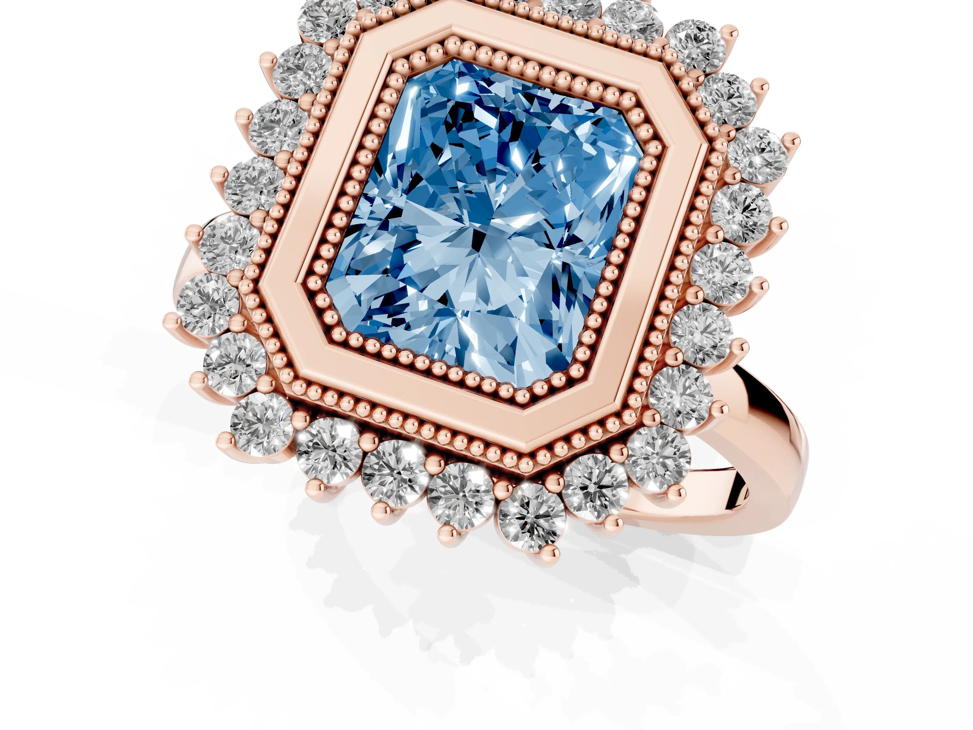 Fancy Blue Radiant Cut Diamond Halo Ring Set in Rose gold with Milgrain Edge and Round Prong Setting