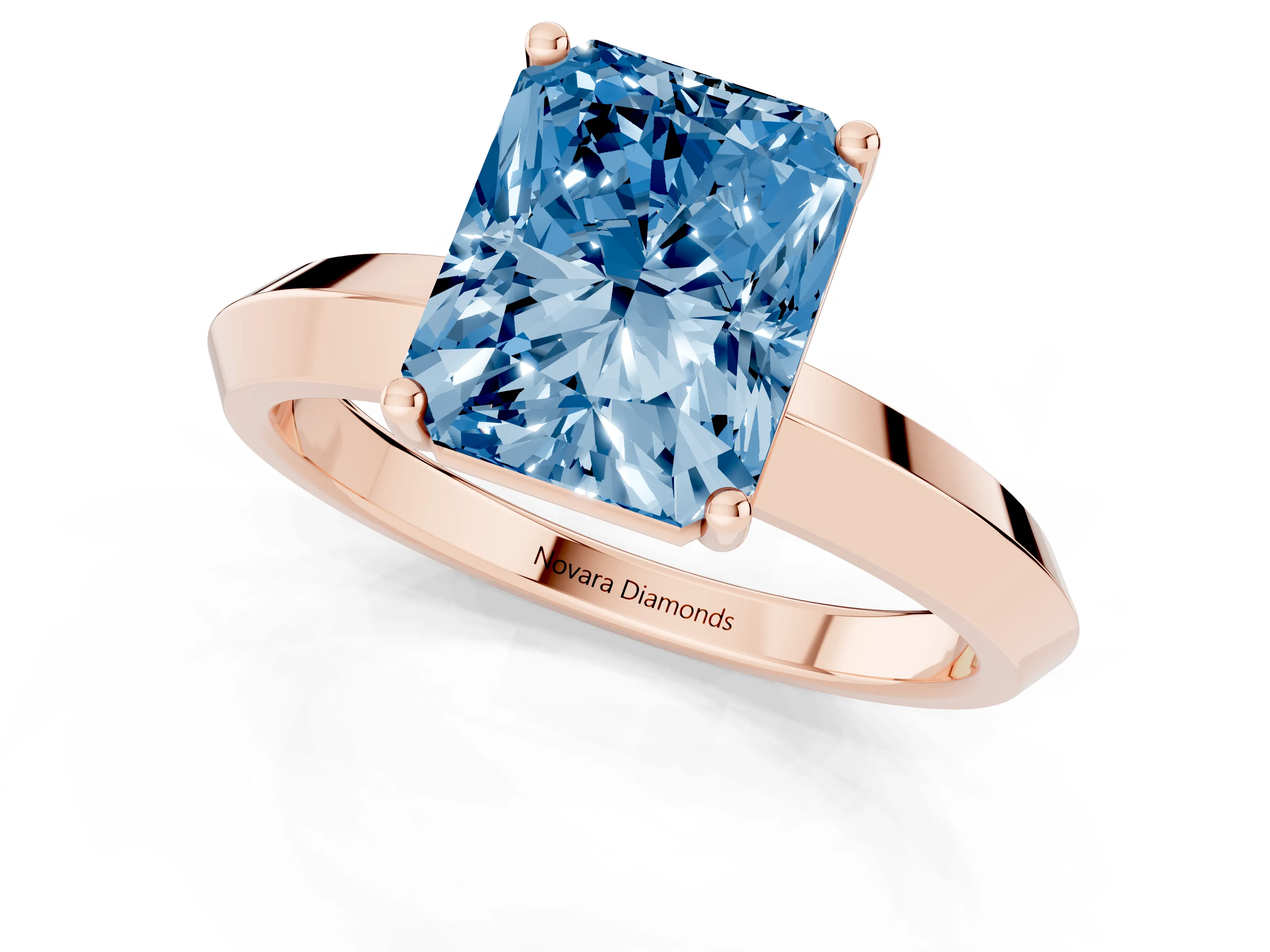 Fancy Blue Radiant Cut Diamond Solitaire Engagement Ring Set in Rose gold with Flat Band and Prong Setting