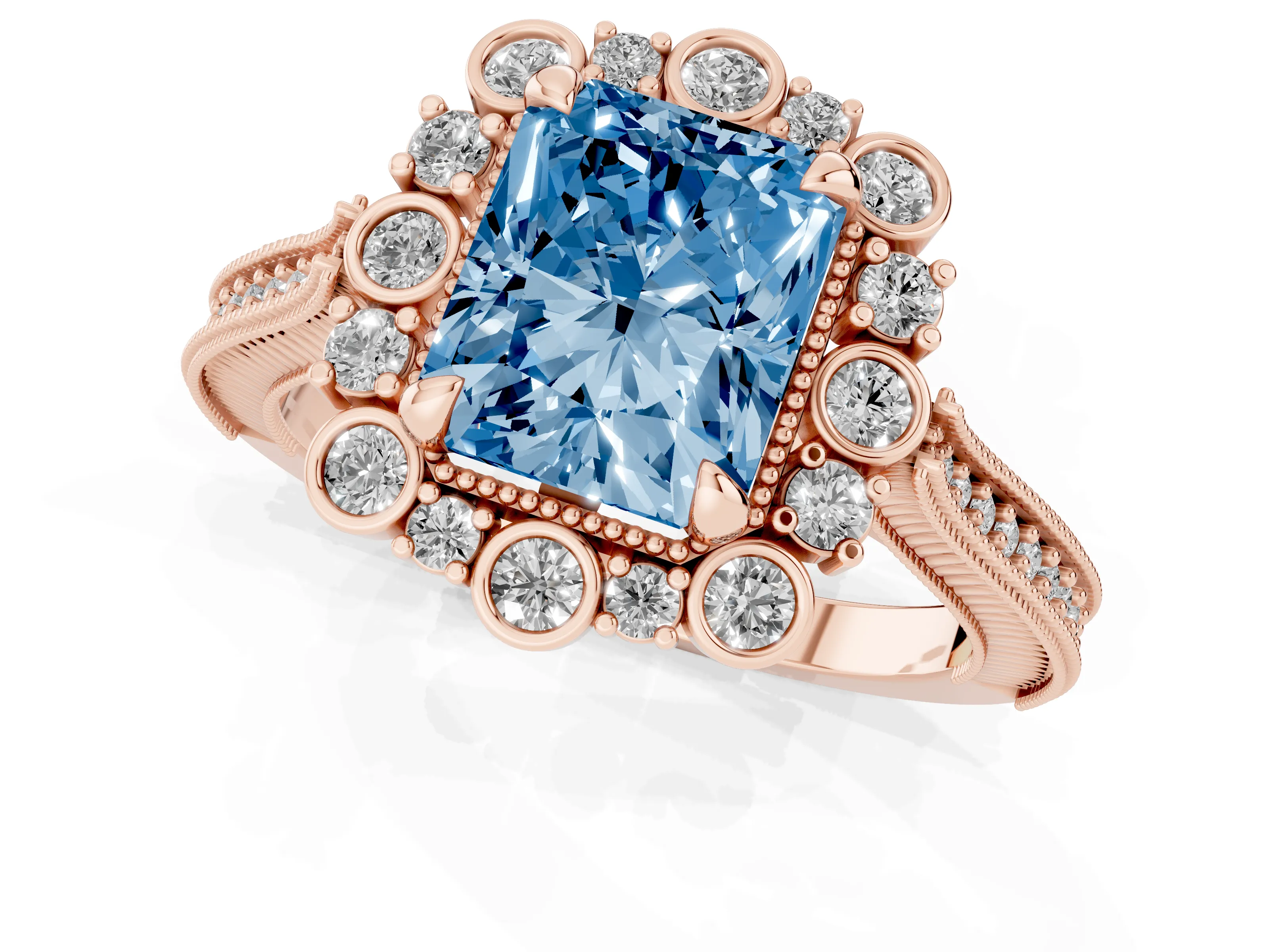 Fancy Blue Radiant Cut Diamond Halo Milgrain Pavé Ring Set in Rose gold with Prong Setting