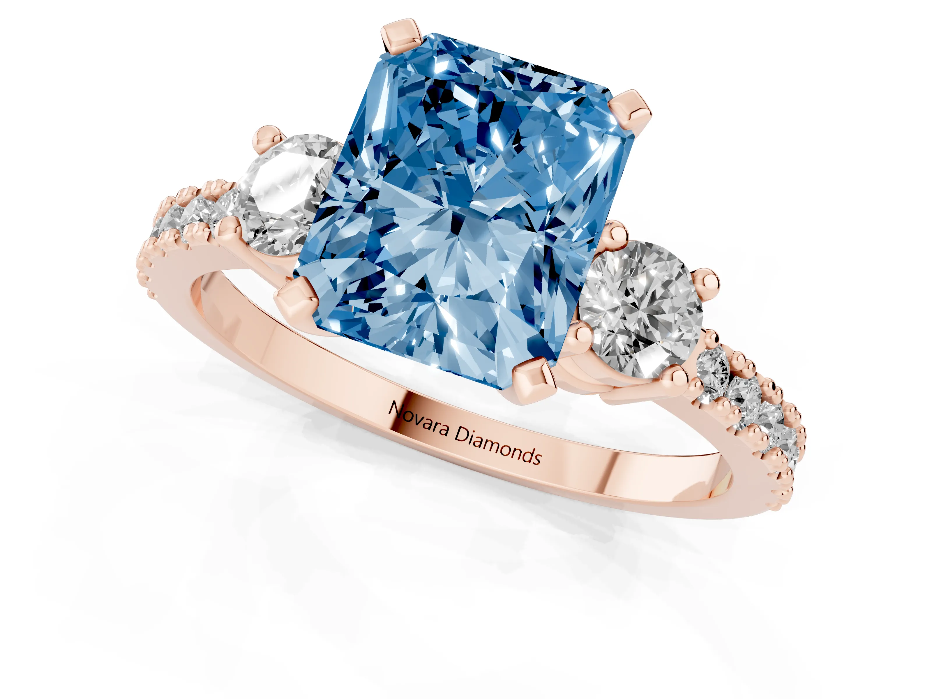 Fancy Blue Three-Stone Radiant Cut Diamond Pavé Band Ring Set in Rose gold with Prong Setting