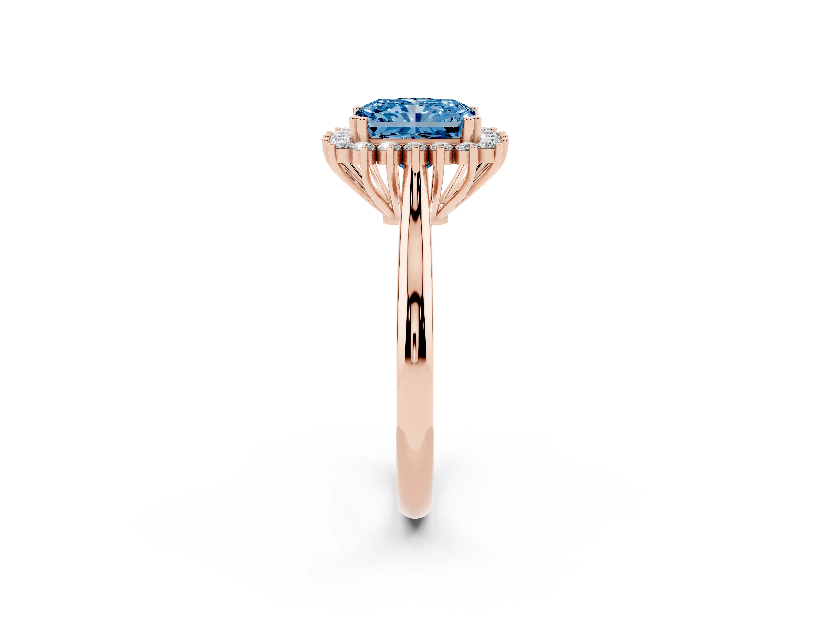 Fancy Blue Radiant Cut Diamond Halo Ring Set in Rose gold with Plain Solitaire Band and Prong Setting