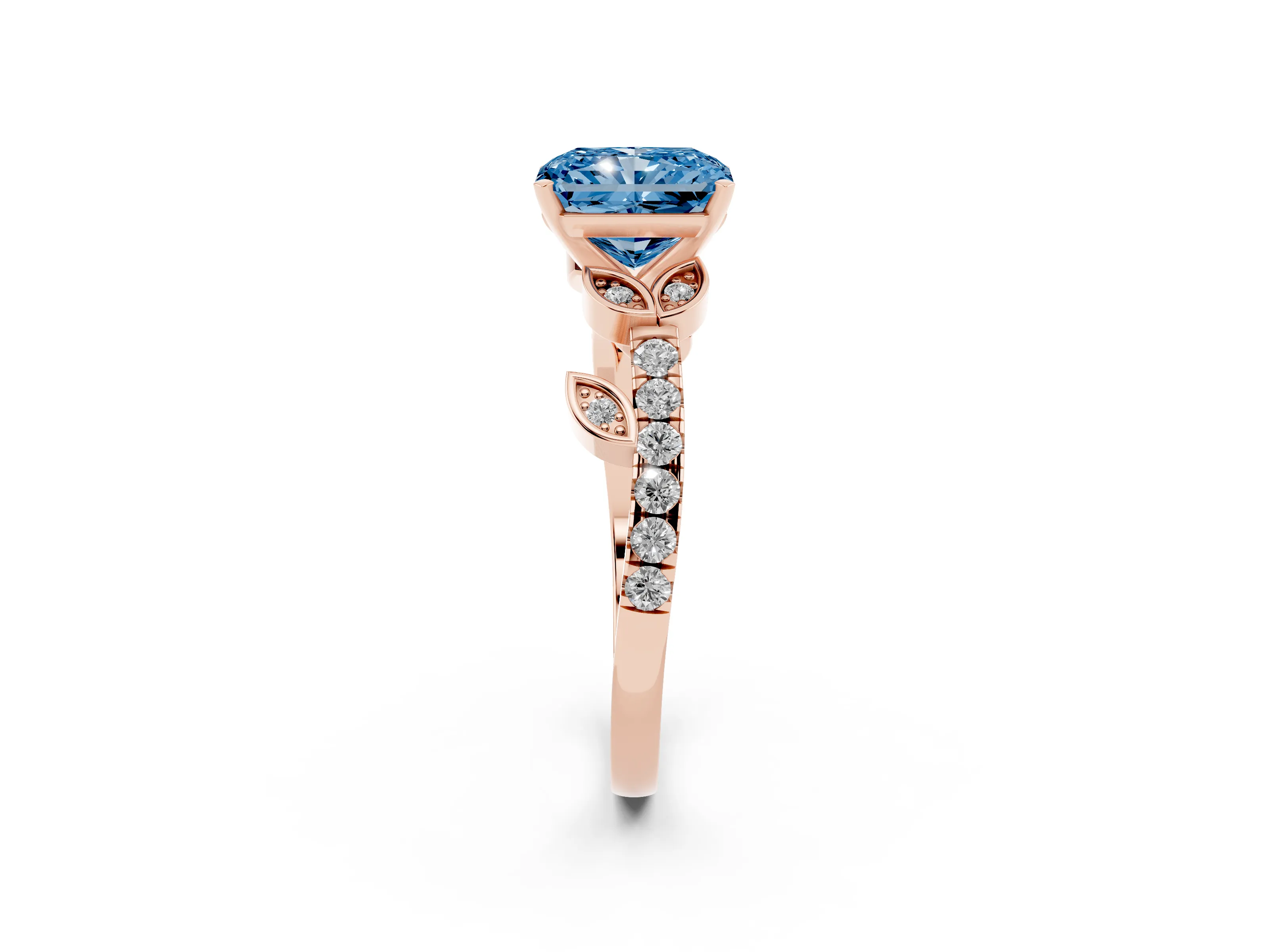 Fancy Blue Radiant Cut Diamond Solitaire Leaf-Inspired Ring Set in Rose gold with Pavé Band and Prong Setting