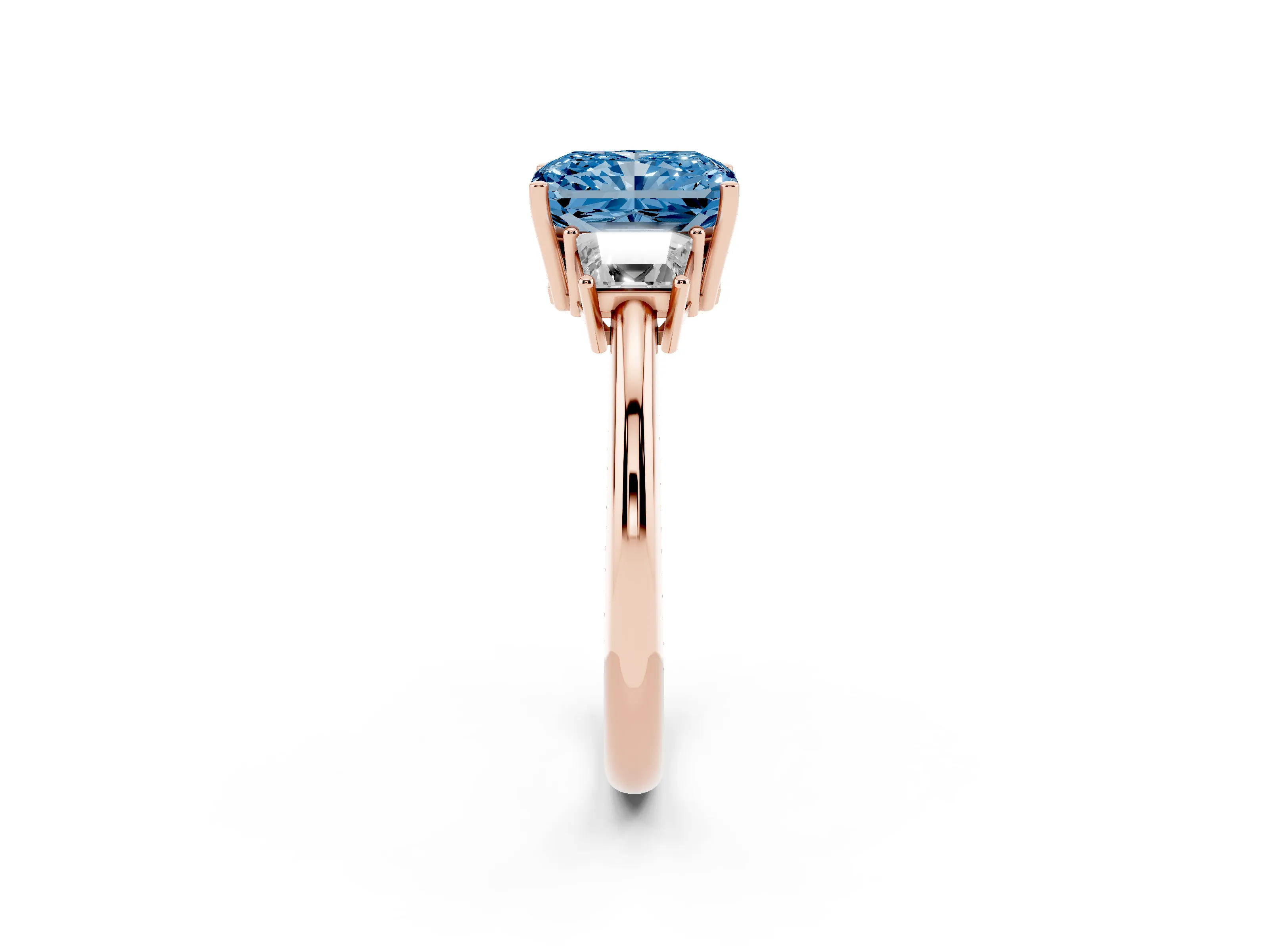 Fancy Blue Radiant Cut Diamond Three-Stone Ring Set in Rose gold with Trapezoid Side Stones and Prong Setting
