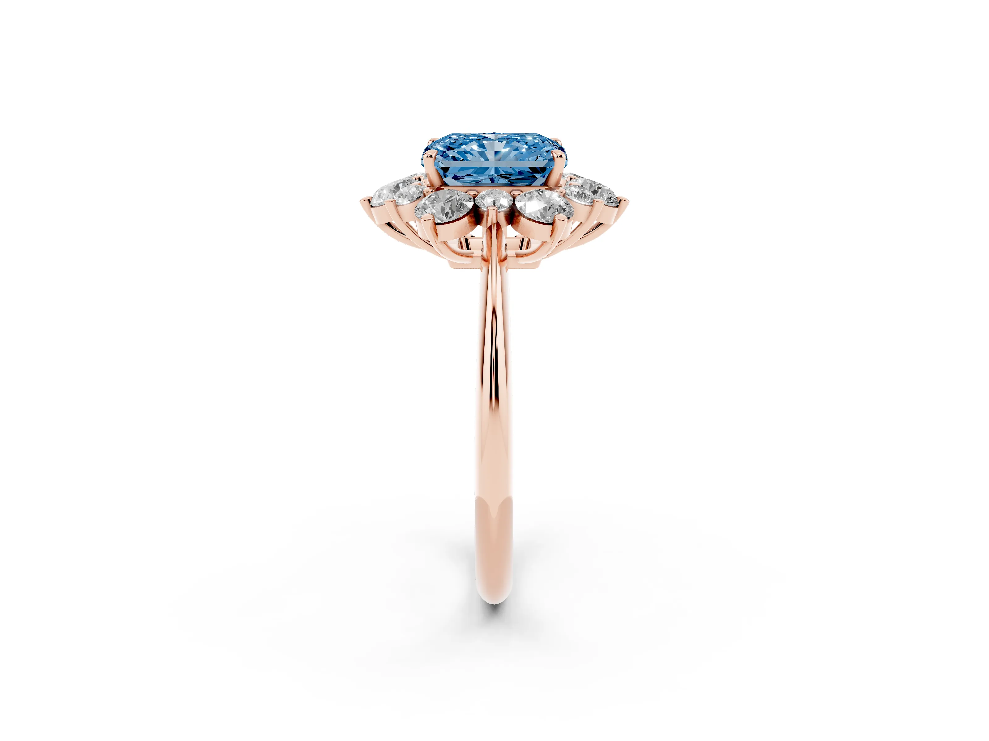 Fancy Blue Radiant Cut Diamond Cluster Halo Ring Set in Rose gold with Solitaire Band and Prong Setting