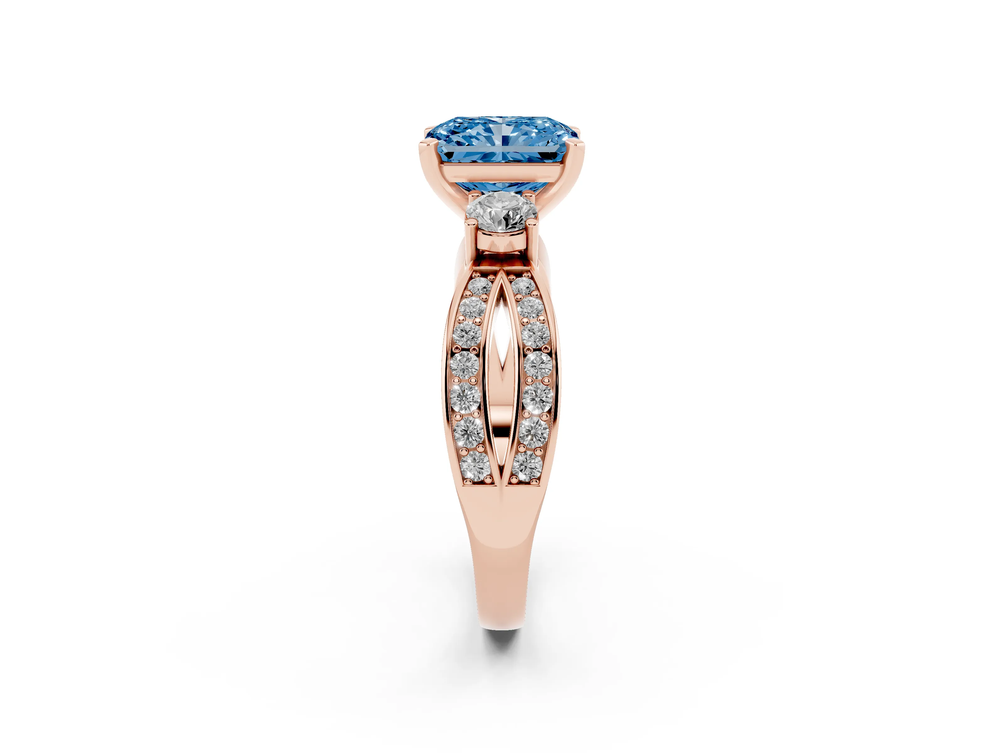 Fancy Blue Three-Stone Radiant Cut Diamond Twist Band Ring Set in Rose gold with Pavé Accents and Prong Setting