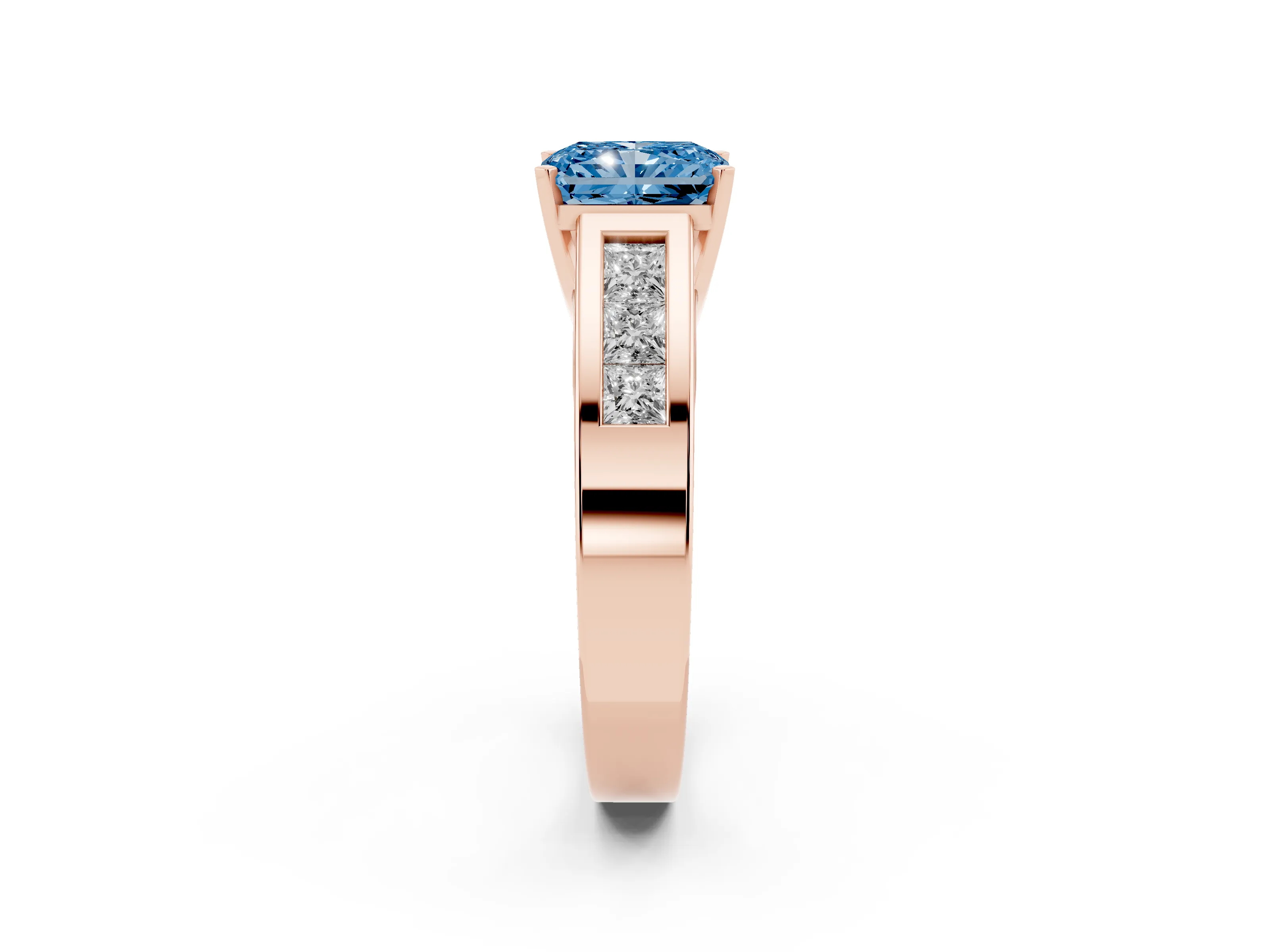 Fancy Blue Radiant Cut Diamond Solitaire Ring Set in Rose gold with Channel-Set Accent Stones and Prong Setting