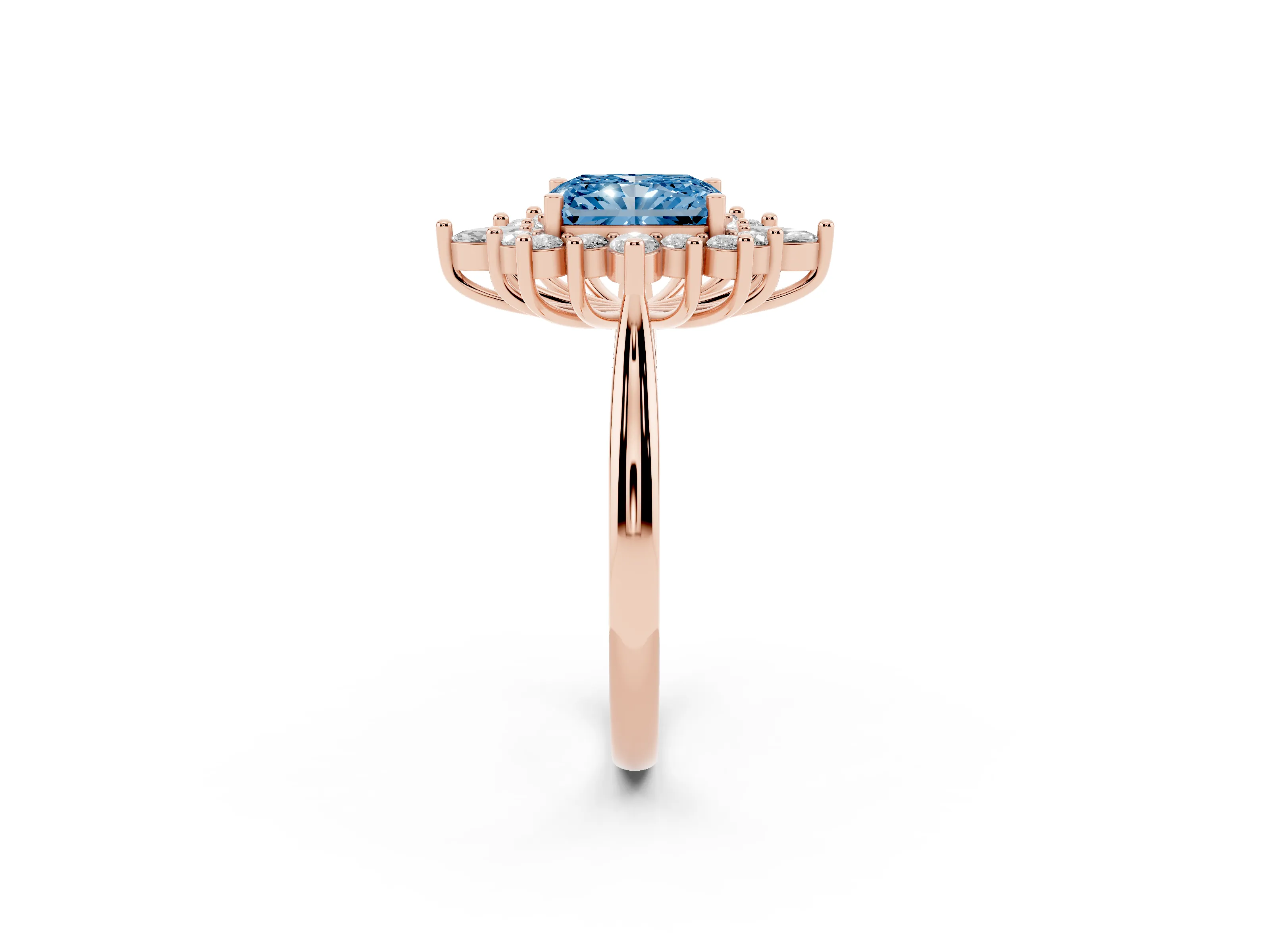 Fancy Blue Radiant Cut Diamond Cluster Halo Ring Set in Rose gold with Marquise and Round Accents