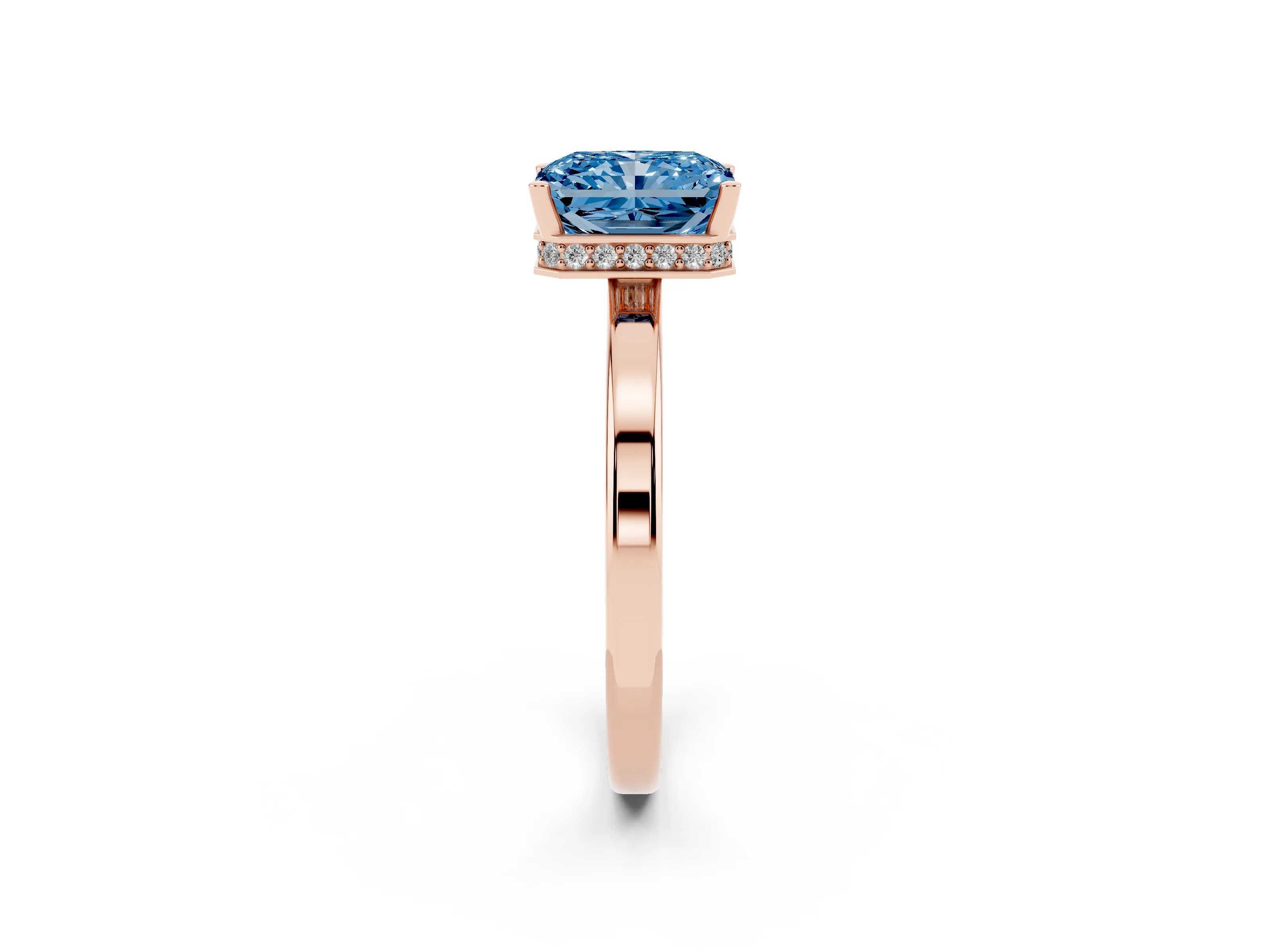Fancy Blue Radiant Cut Diamond Solitaire Engagement Ring Set in Rose gold with Prong Setting on a Plain Band