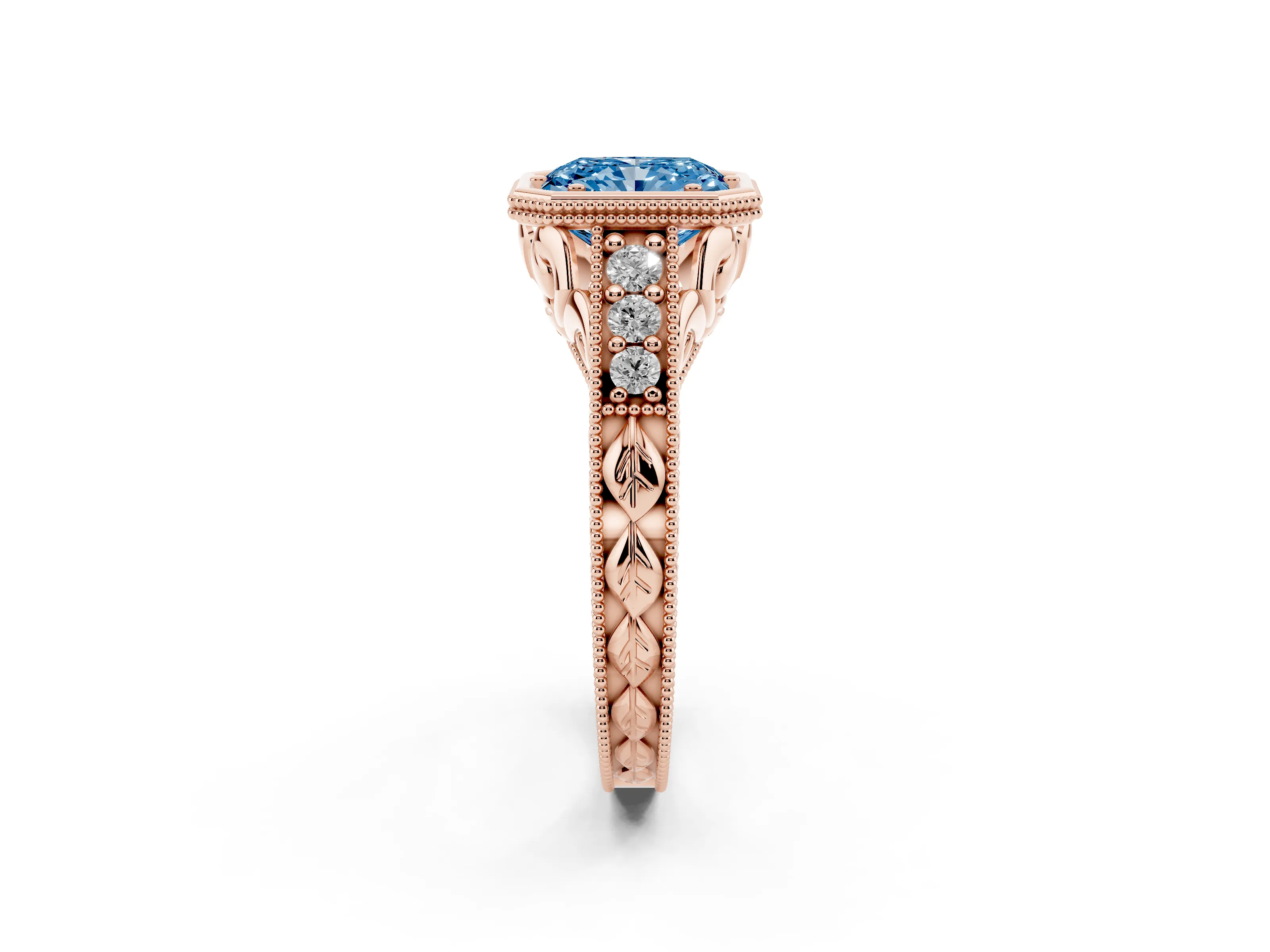 Fancy Blue Bezel Set Radiant Cut Diamond Milgrain Pavé Engagement Ring Set in Rose gold