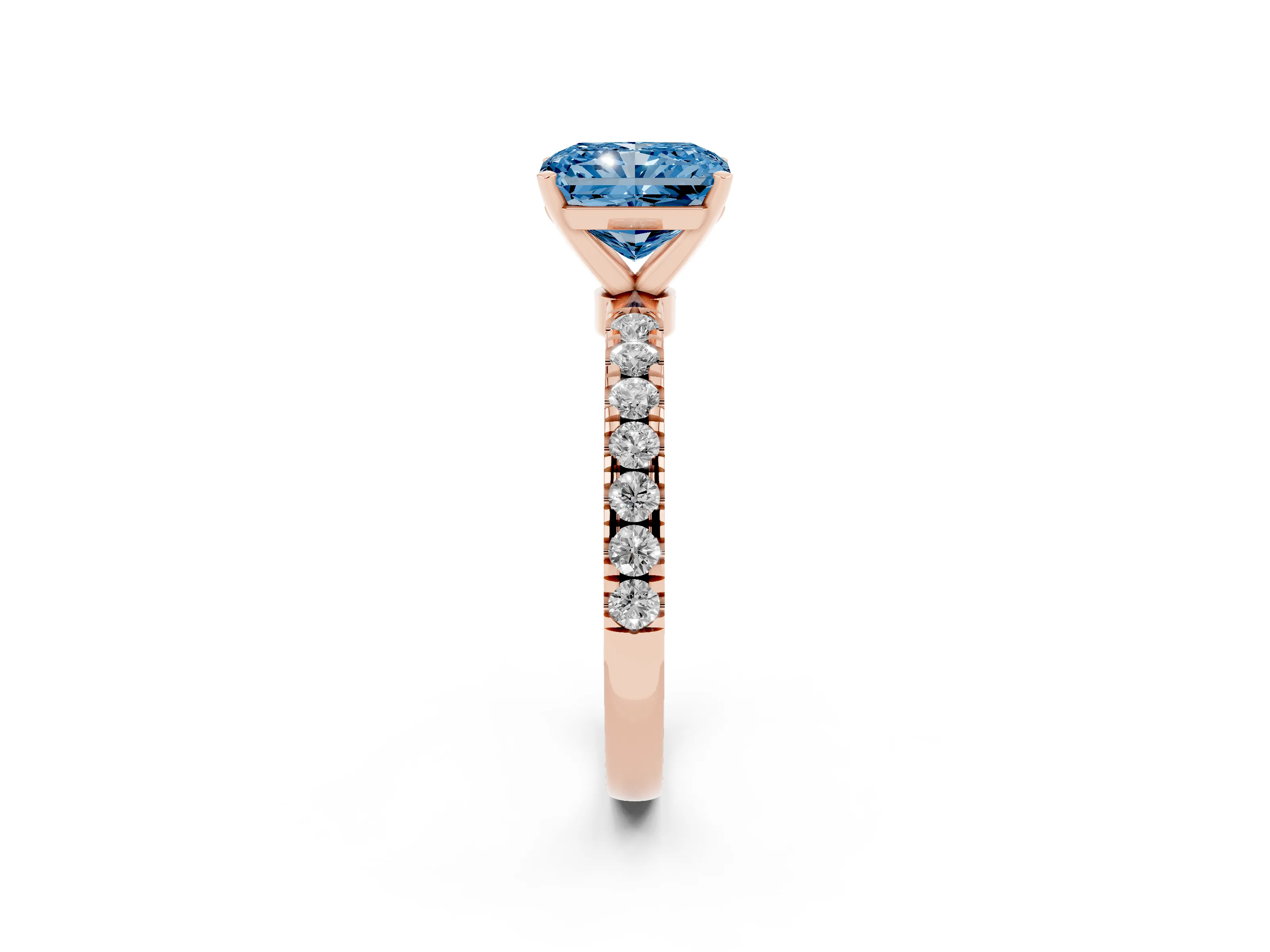 Fancy Blue Radiant Cut Diamond Solitaire Ring Set in Rose gold with Pavé Accents and Prong Setting