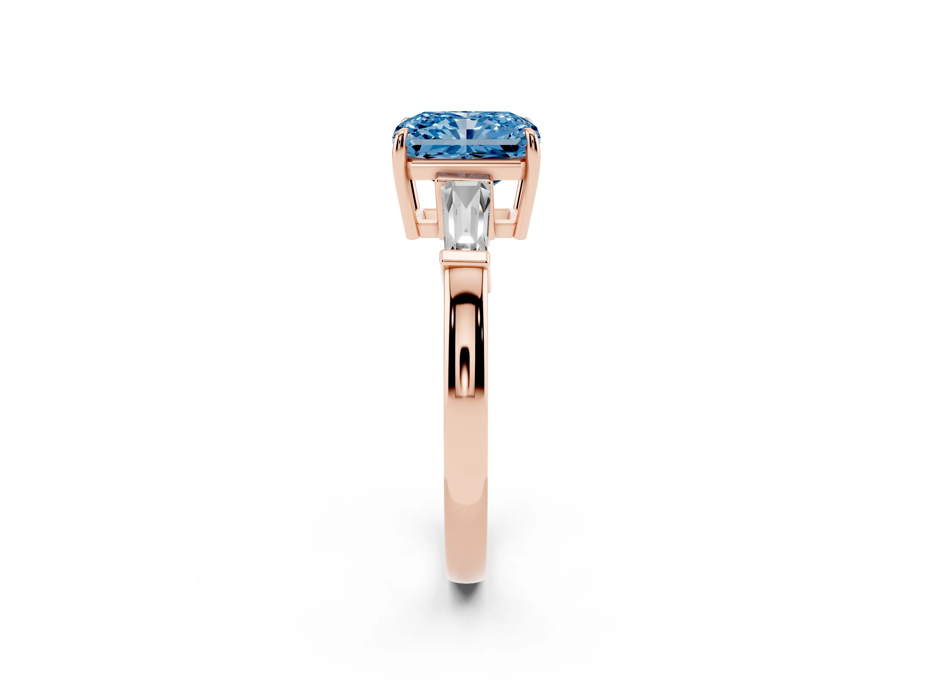 Fancy Blue Radiant Cut Diamond Three-Stone Ring Set in Rose gold with Tapered Baguette Side Stones and Prong Setting