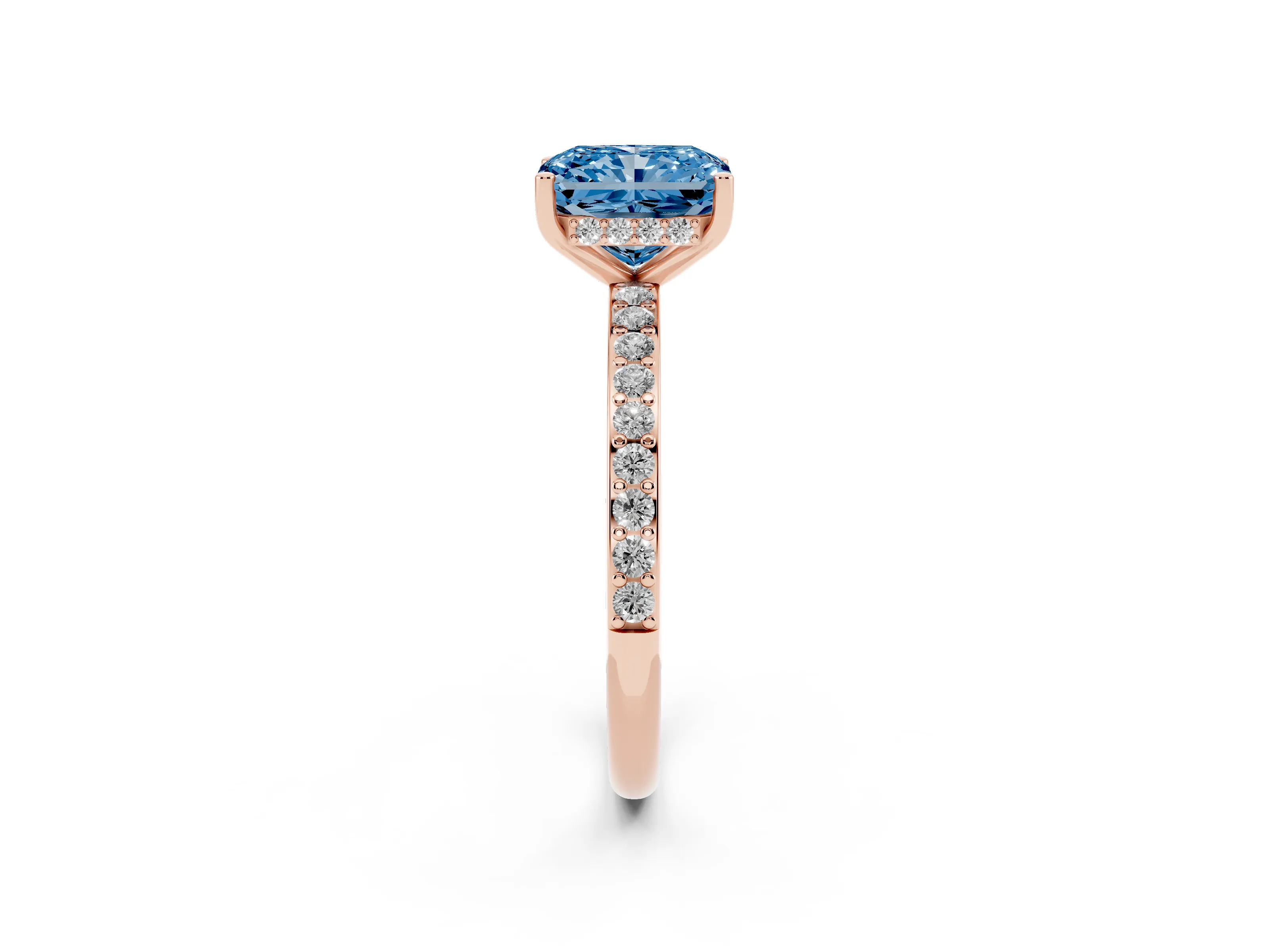 Fancy Blue Radiant Cut Diamond Pavé Band Ring Set in Rose gold with Prong-Set Center Stone