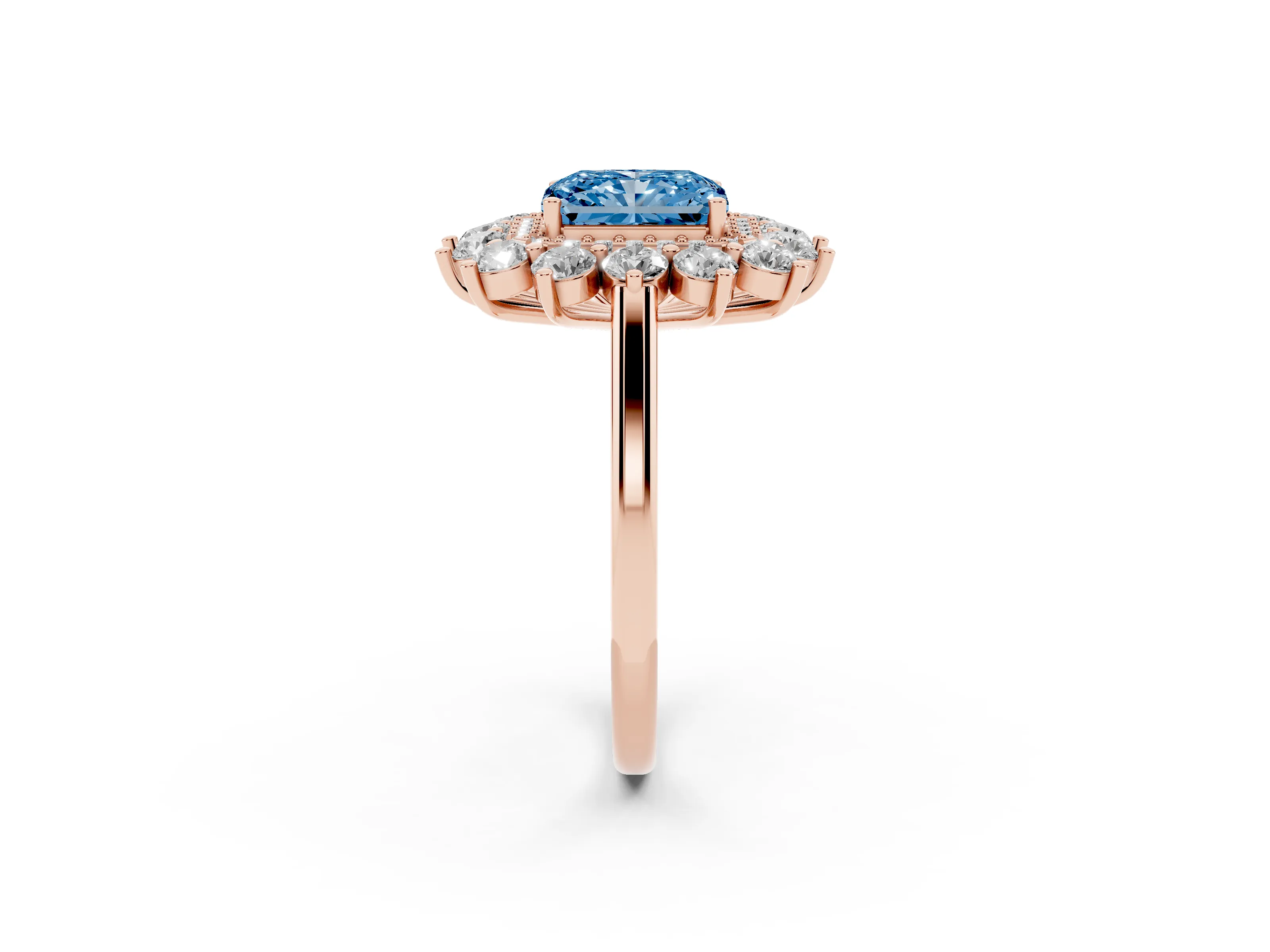 Fancy Blue Radiant Cut Diamond Floral Double Halo Ring Set in Rose gold with Round Petals