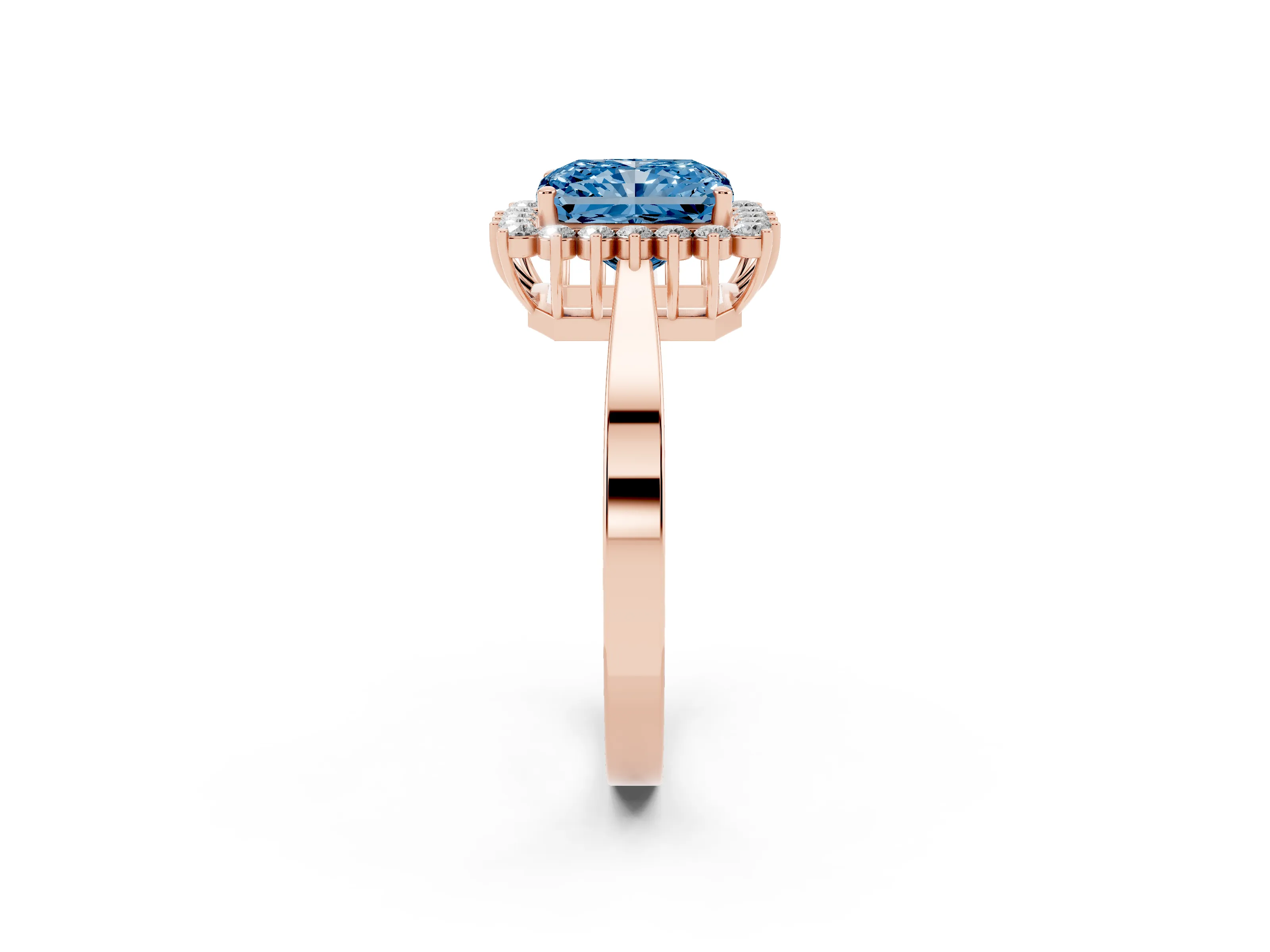 Fancy Blue Radiant Cut Diamond Halo Ring Set in Rose gold with Round Halo and Smooth Solitaire Band