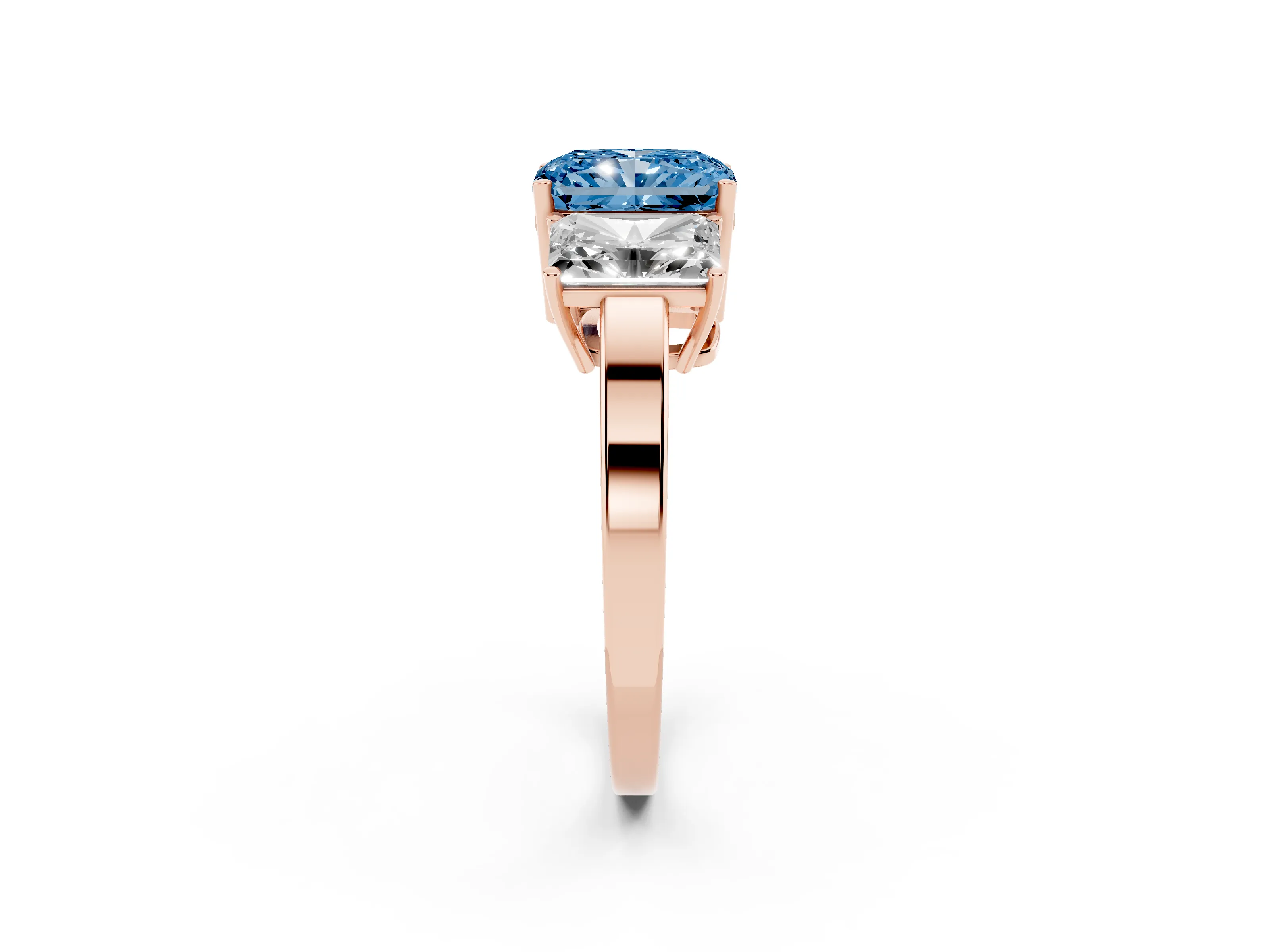 Fancy Blue Radiant Cut Diamond Three-Stone Engagement Ring Set in Rose gold with Flat Band