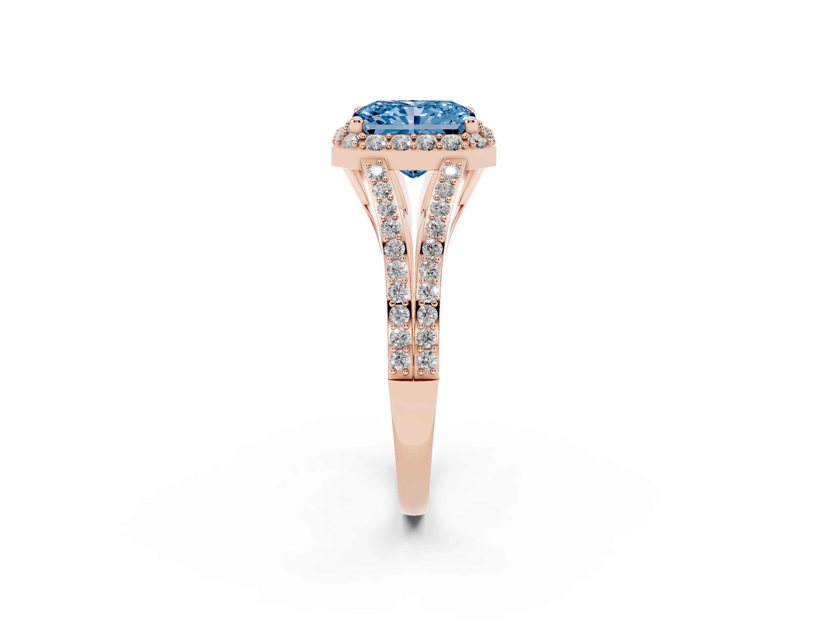 Fancy Blue Radiant Cut Diamond Halo Split Shank Pavé Ring Set in Rose gold with Prong Setting