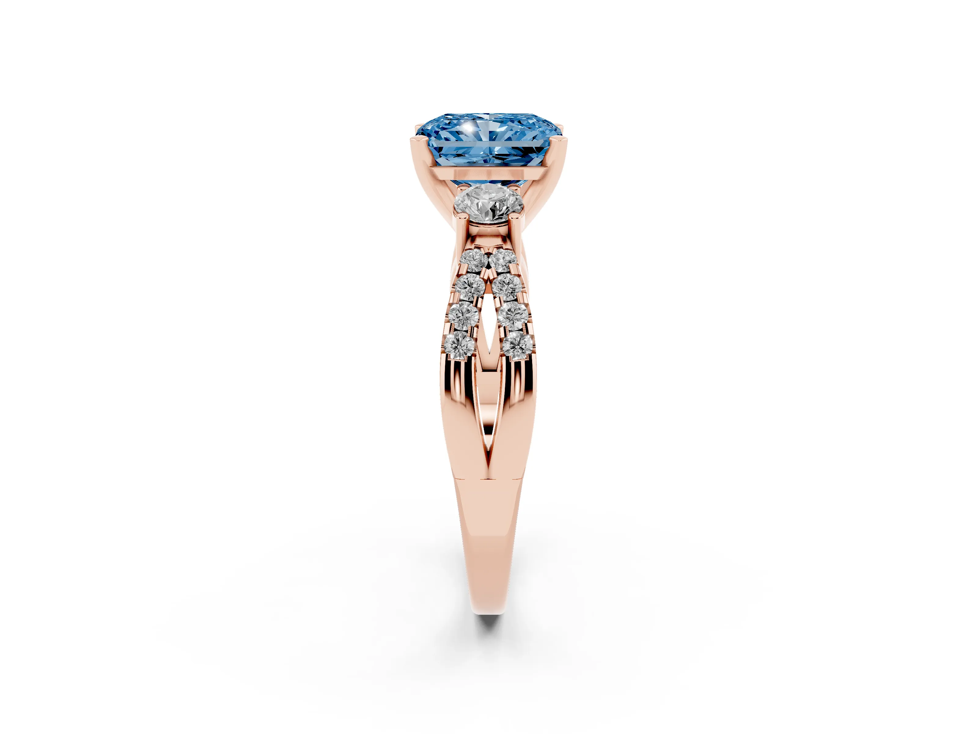 Fancy Blue Radiant Cut Diamond Three-Stone Ring Set in Rose gold with Pavé Split Shank and Prong Setting
