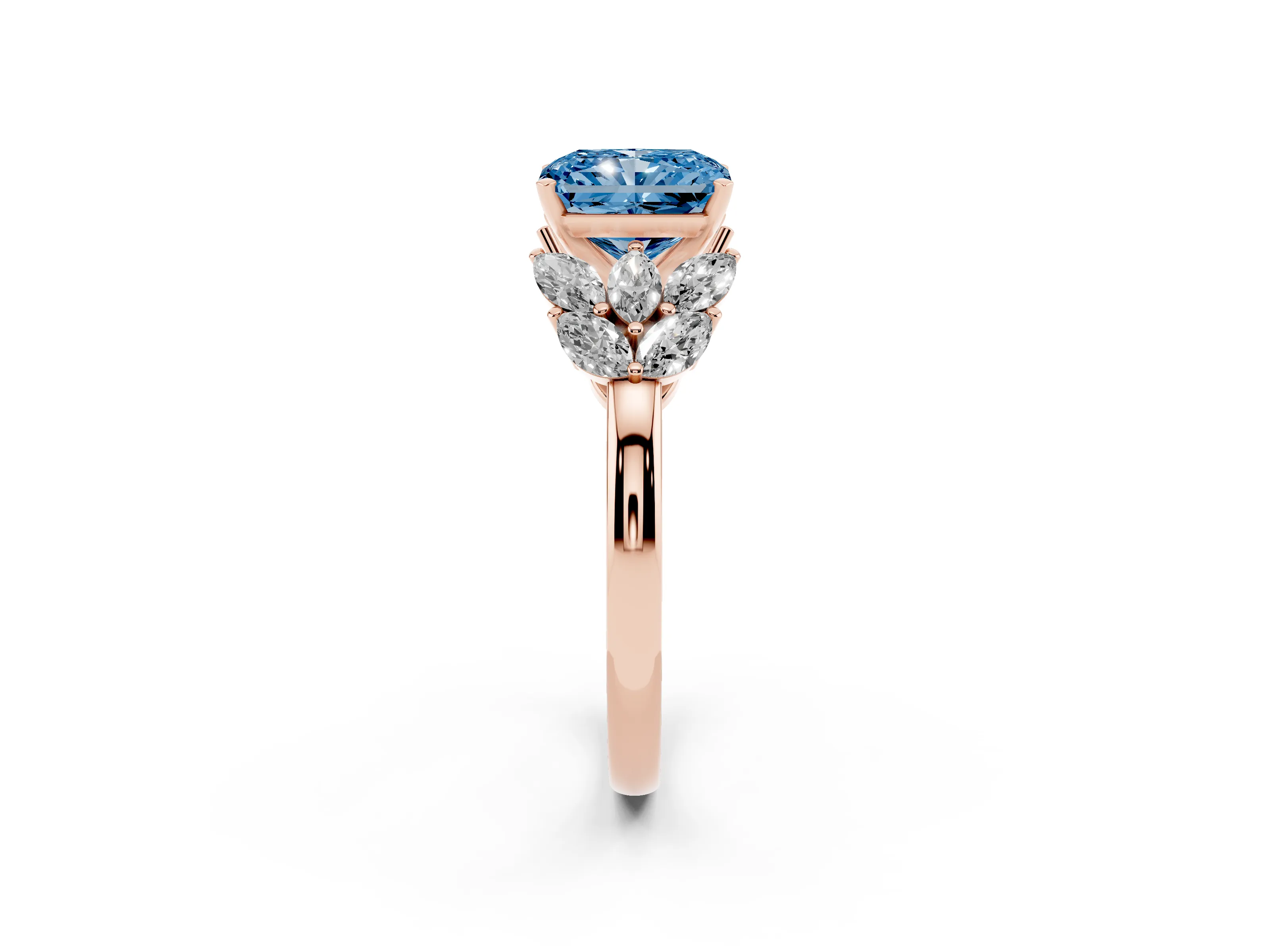 Fancy Blue Radiant Cut Diamond Cluster Leaf Design Ring Set in Rose gold with Prong Setting