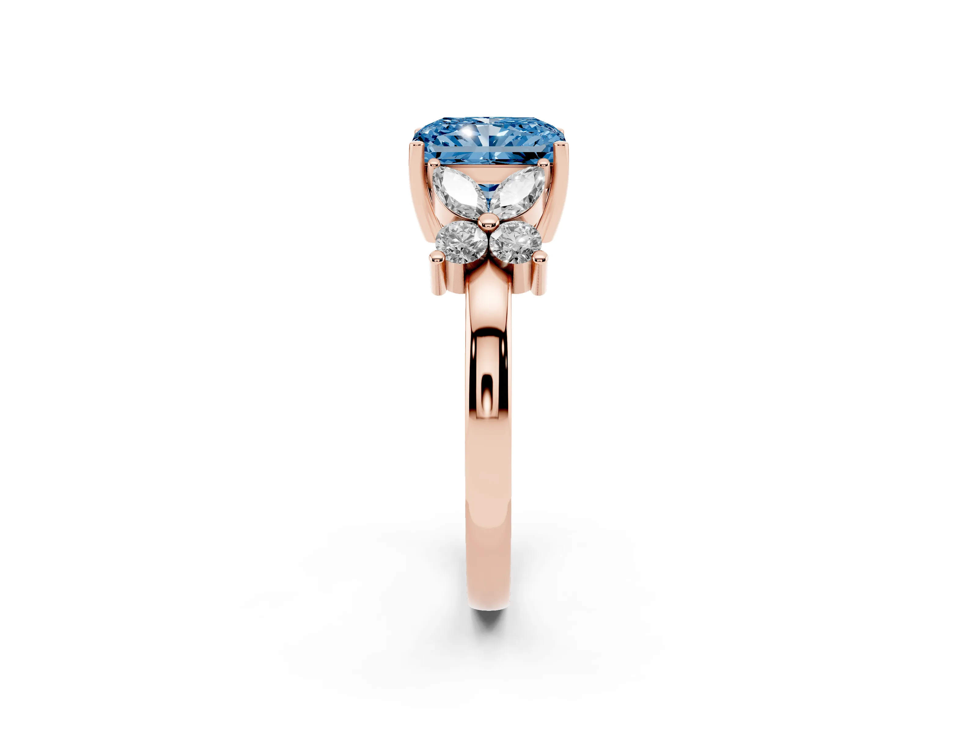 Fancy Blue Radiant Cut Diamond Floral Cluster Ring Set in Rose gold with Marquise Petals and Prong Setting