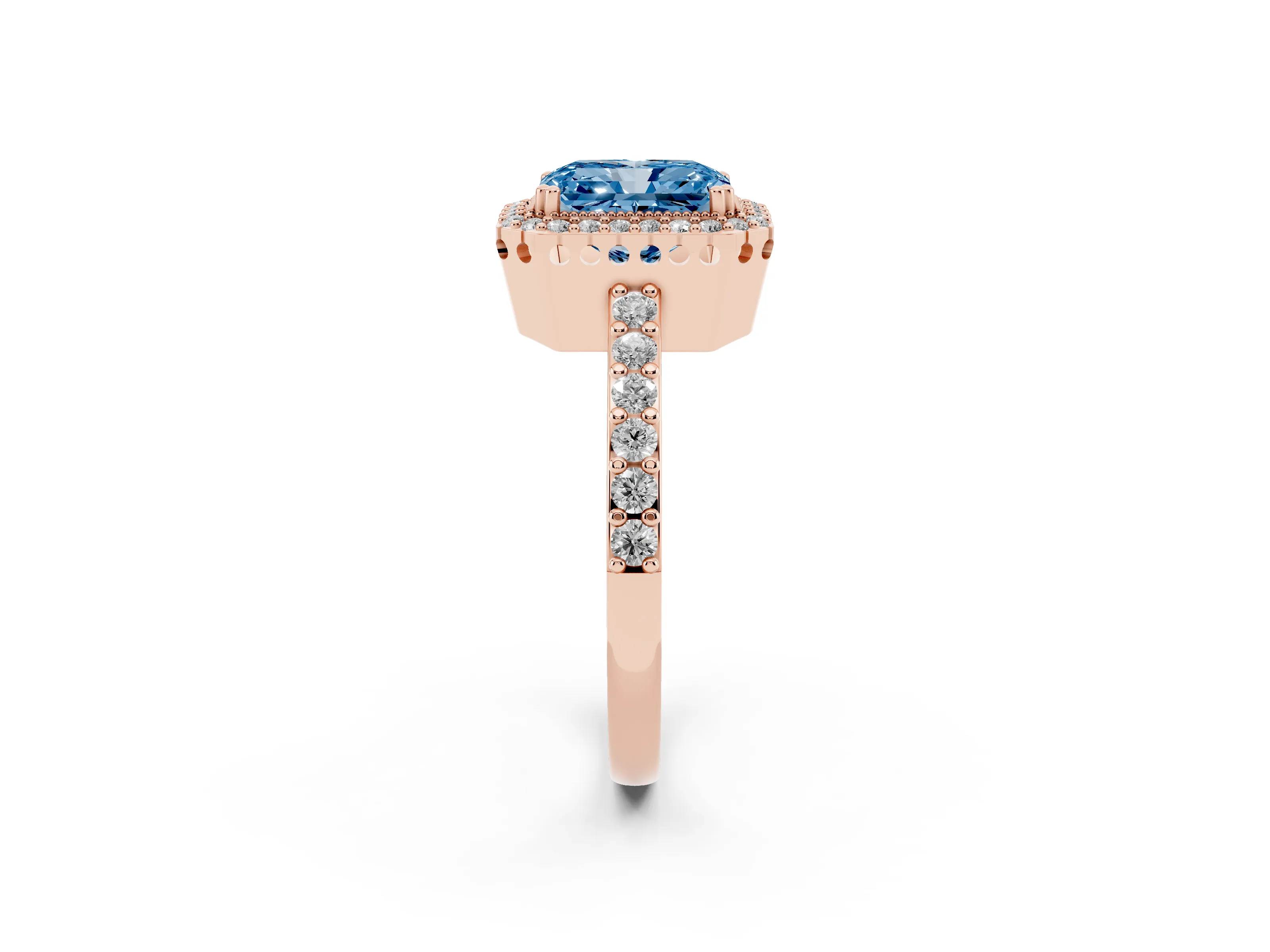 Fancy Blue Radiant Cut Diamond Halo Engagement Ring Set in Rose gold with Milgrain Detail and Pavé Band