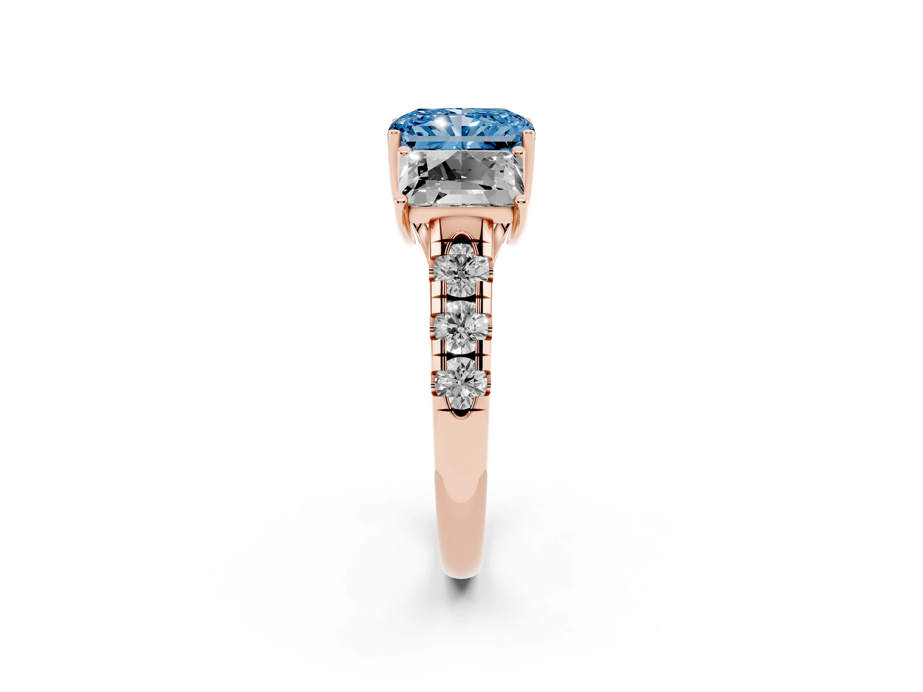 Fancy Blue Radiant Cut Diamond Three-Stone Ring Set in Rose gold with Pavé Band