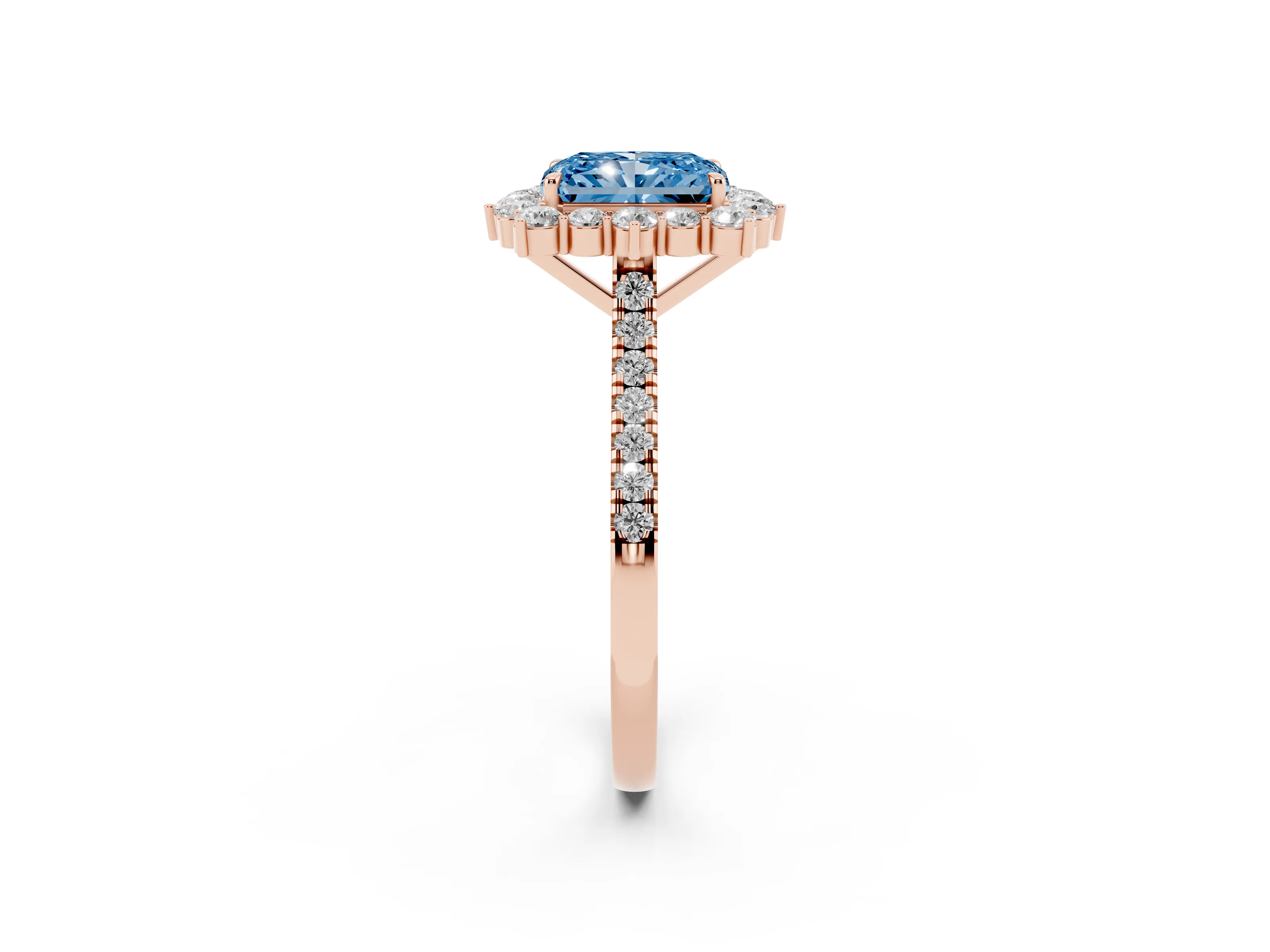 Fancy Blue Radiant Cut Diamond Halo Ring Set in Rose gold with Pavé Band and Prong Setting