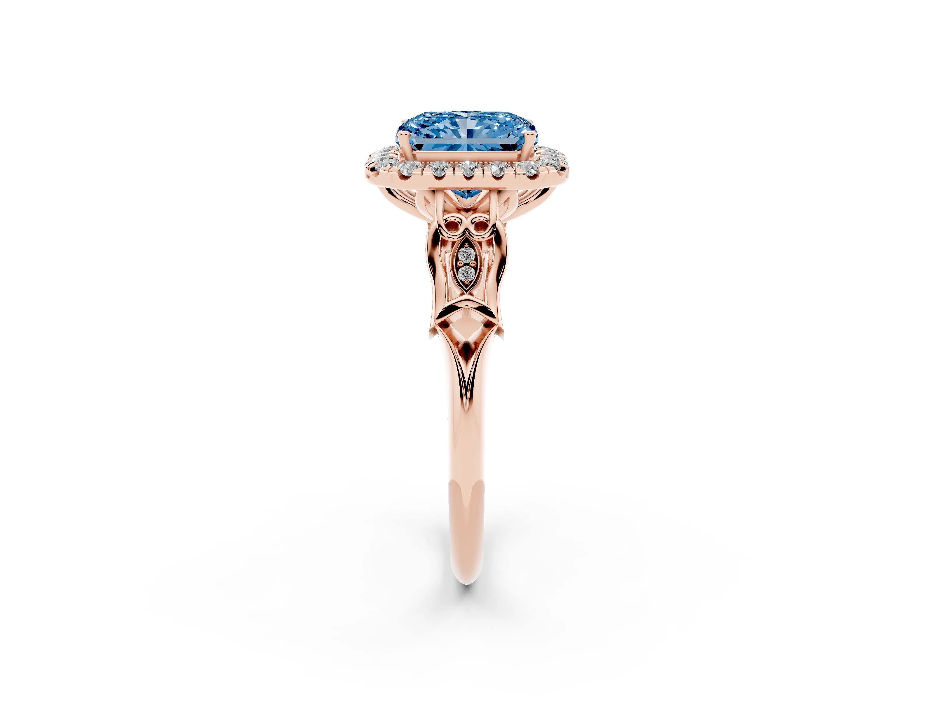 Fancy Blue Radiant Cut Diamond Halo Engagement Ring Set in Rose gold with Filigree Band and Prong-Set Center
