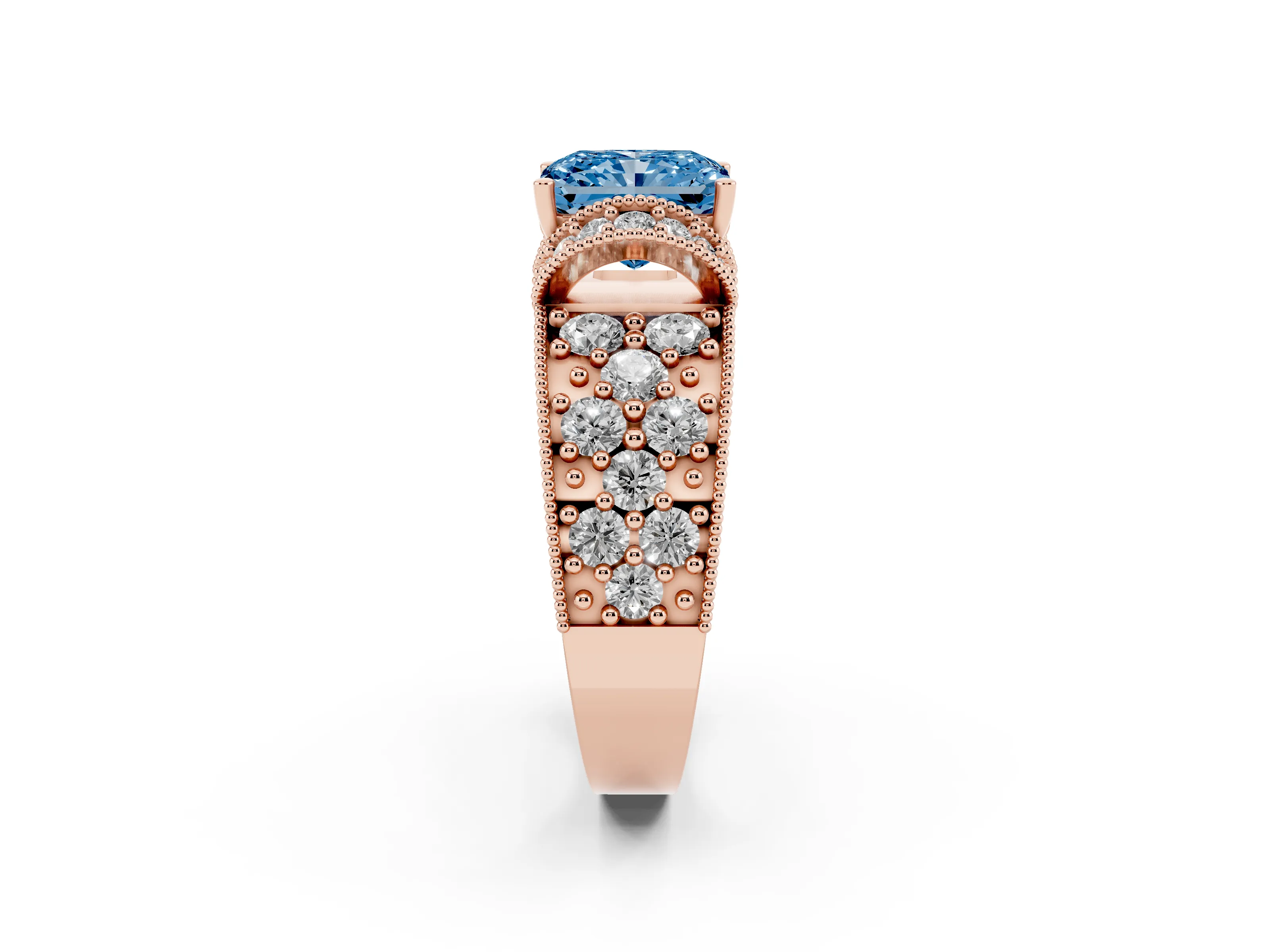 Fancy Blue Radiant Cut Diamond Milgrain Halo Pavé Engagement Ring Set in Rose gold with Prong Setting