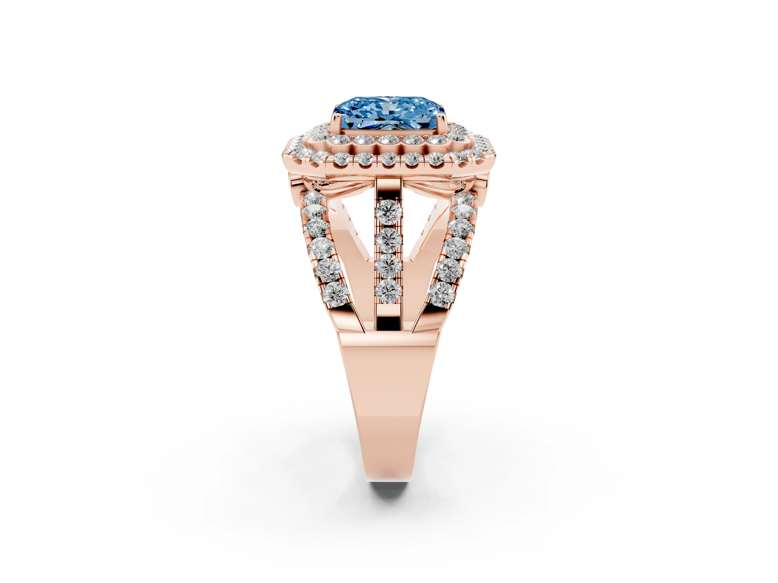 Fancy Blue Radiant Cut Diamond Double Halo Ring Set in Rose gold with Round Pavé Split Shank
