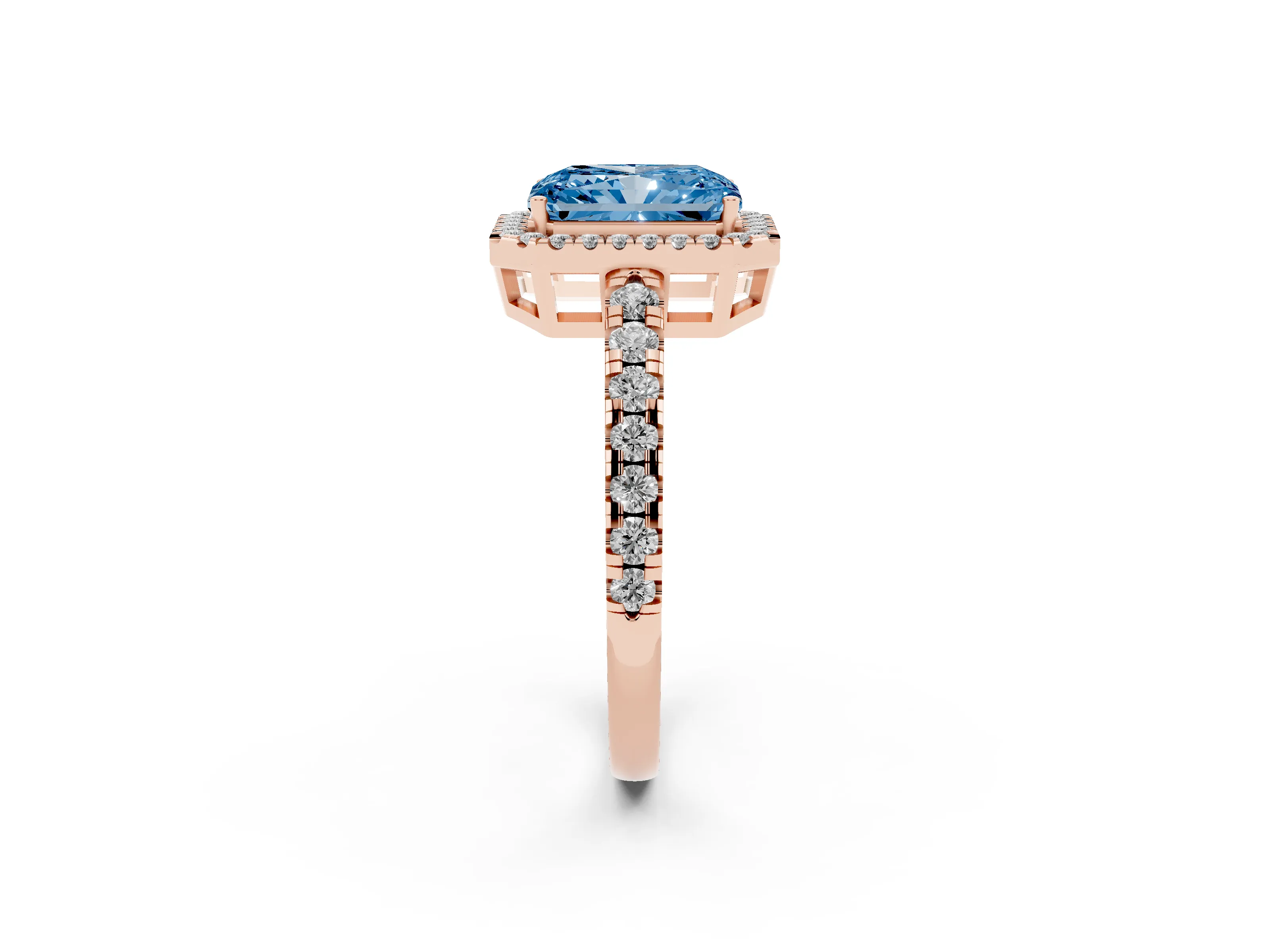 Fancy Blue Radiant Cut Diamond Halo Ring Set in Rose gold with Delicate Pavé Band and Prong Setting