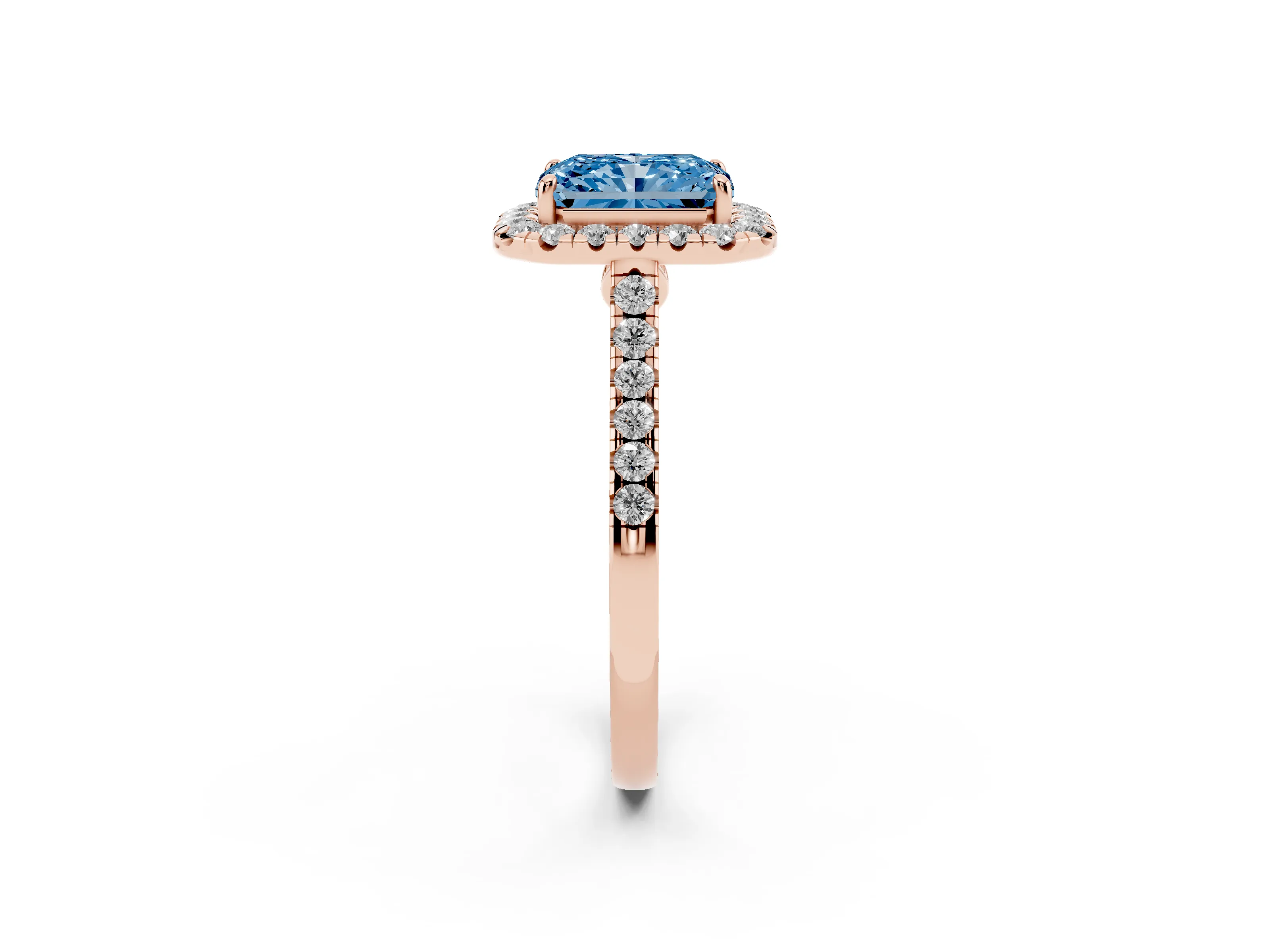 Fancy Blue Radiant Cut Diamond Halo Pavé Engagement Ring Set in Rose gold with Prong Setting