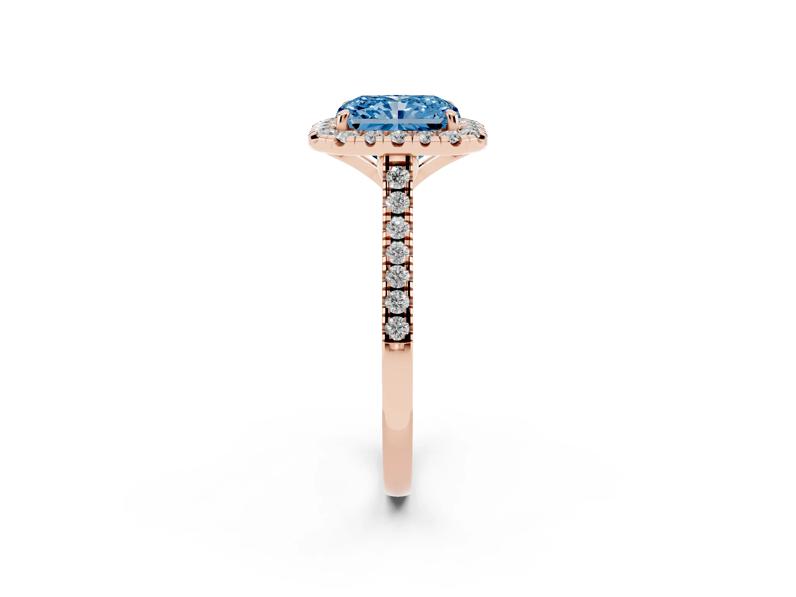 Fancy Blue Radiant Cut Diamond Cushion Halo Ring Set in Rose gold with Pavé Band